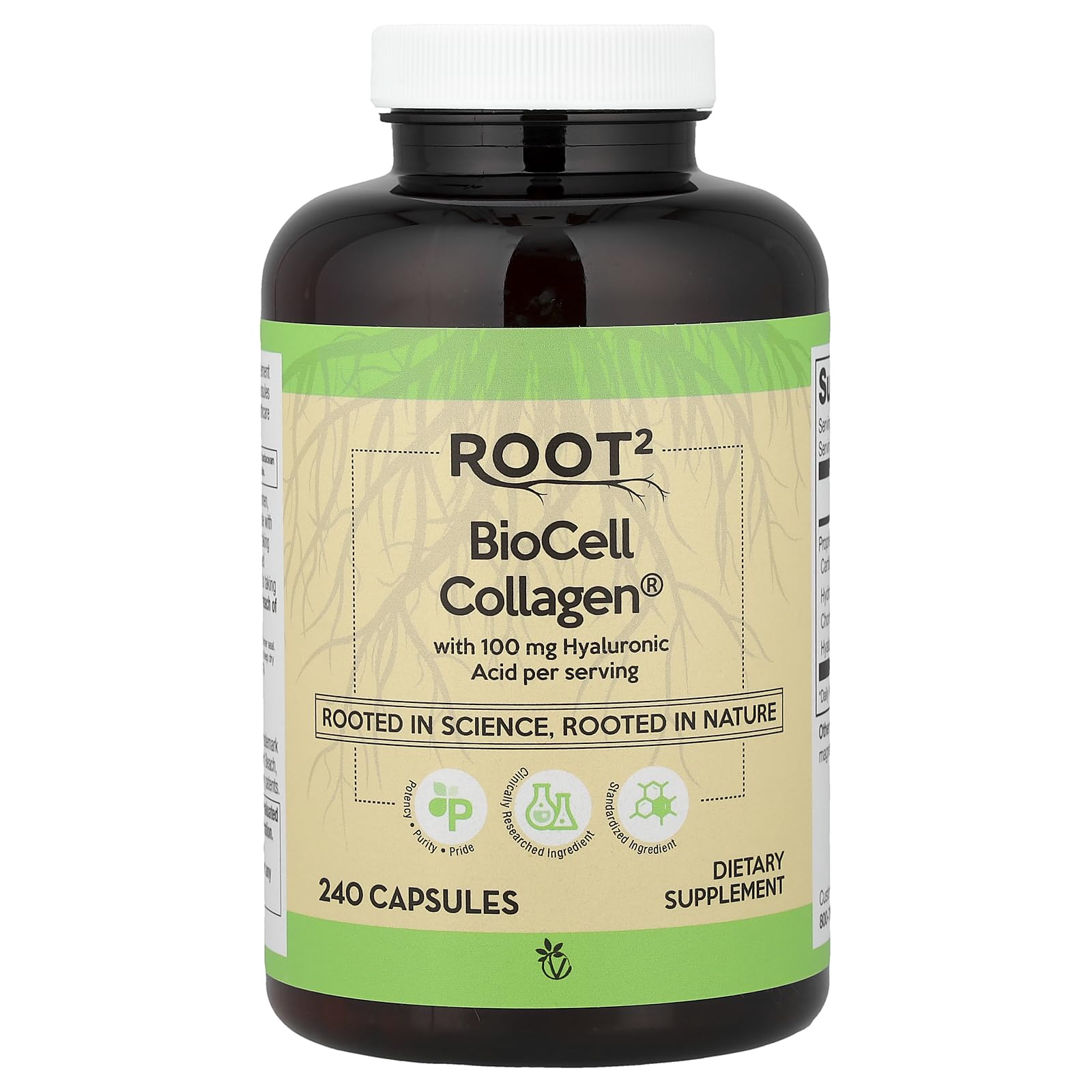 Vitacost ROOT2 colágeno BioCell en botella de cápsulas, apoyo para articulaciones y piel.