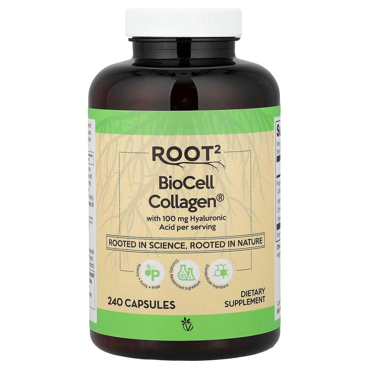 Vitacost ROOT2 colágeno BioCell en botella de cápsulas, apoyo para articulaciones y piel.