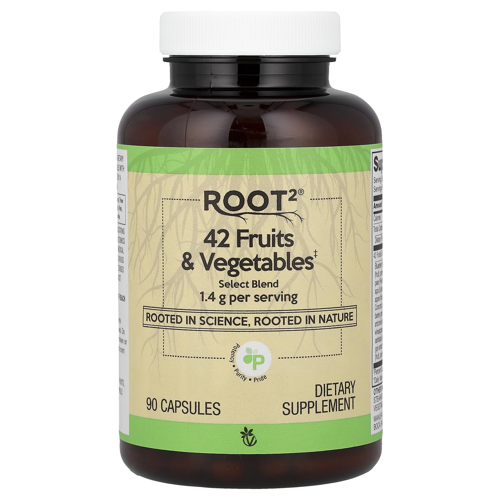 Vitacost ROOT2, botella de cápsulas, apoyo práctico para ingesta diaria de frutas y verduras