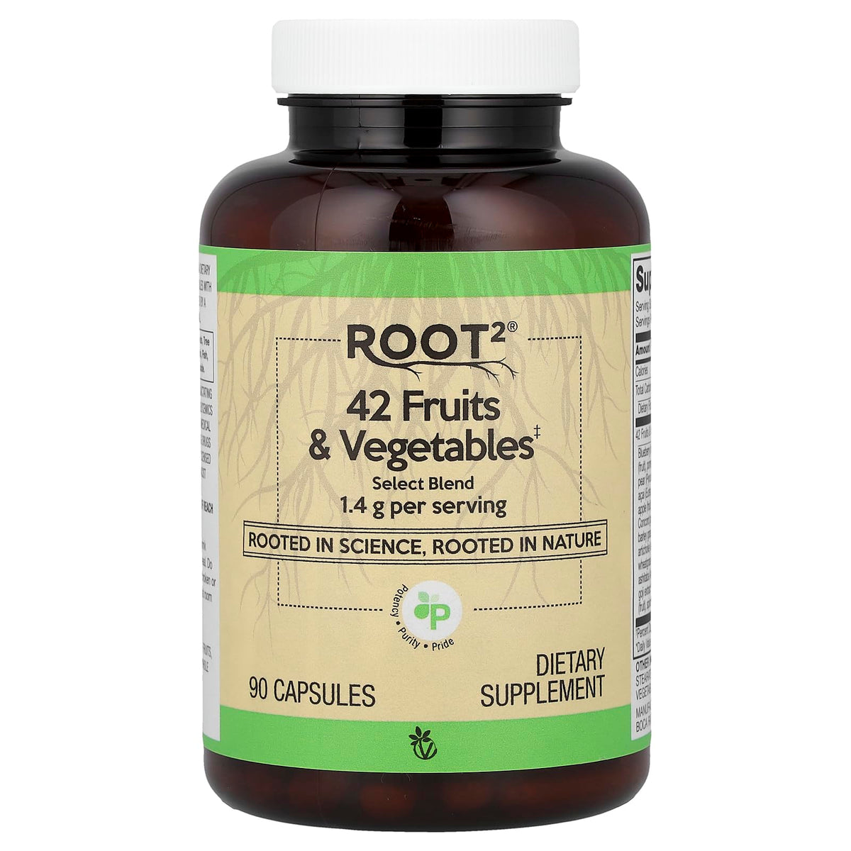 Vitacost ROOT2, botella de cápsulas, apoyo práctico para ingesta diaria de frutas y verduras