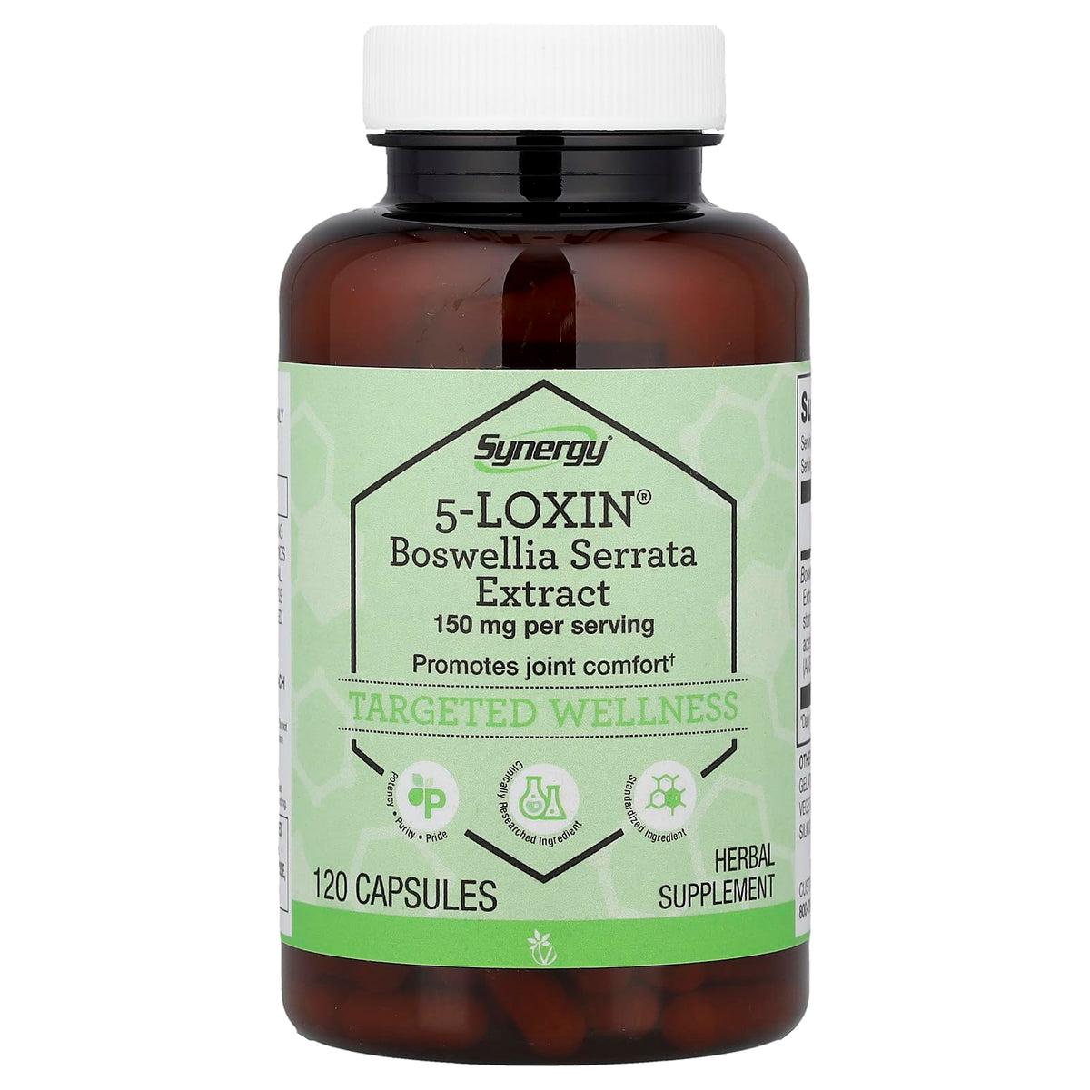Vitacost Sinergia 5-Loxin AKBA cápsulas en bote, apoyo a la movilidad diaria.
