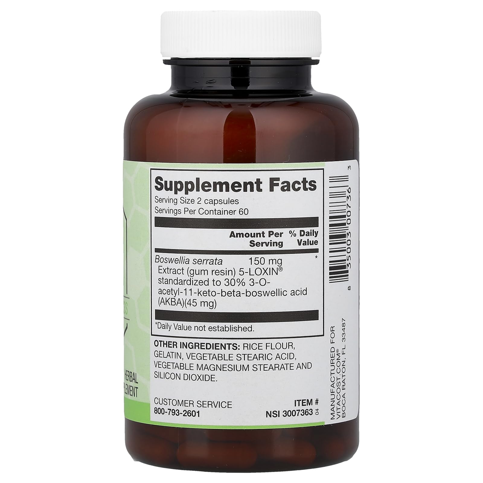 Etiqueta de Vitacost Sinergia AKBA con información de ingredientes para seguridad y transparencia.