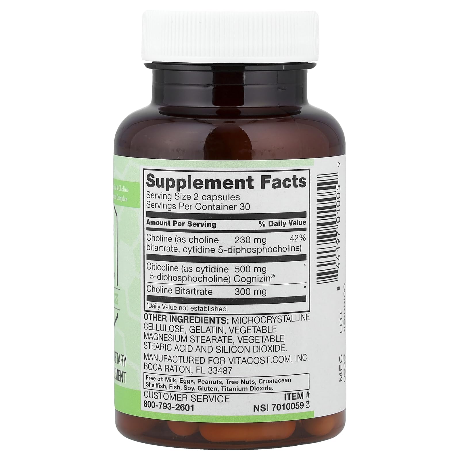 Vitacost Neurocholine en frasco: dosis sencilla para usuarios activos.