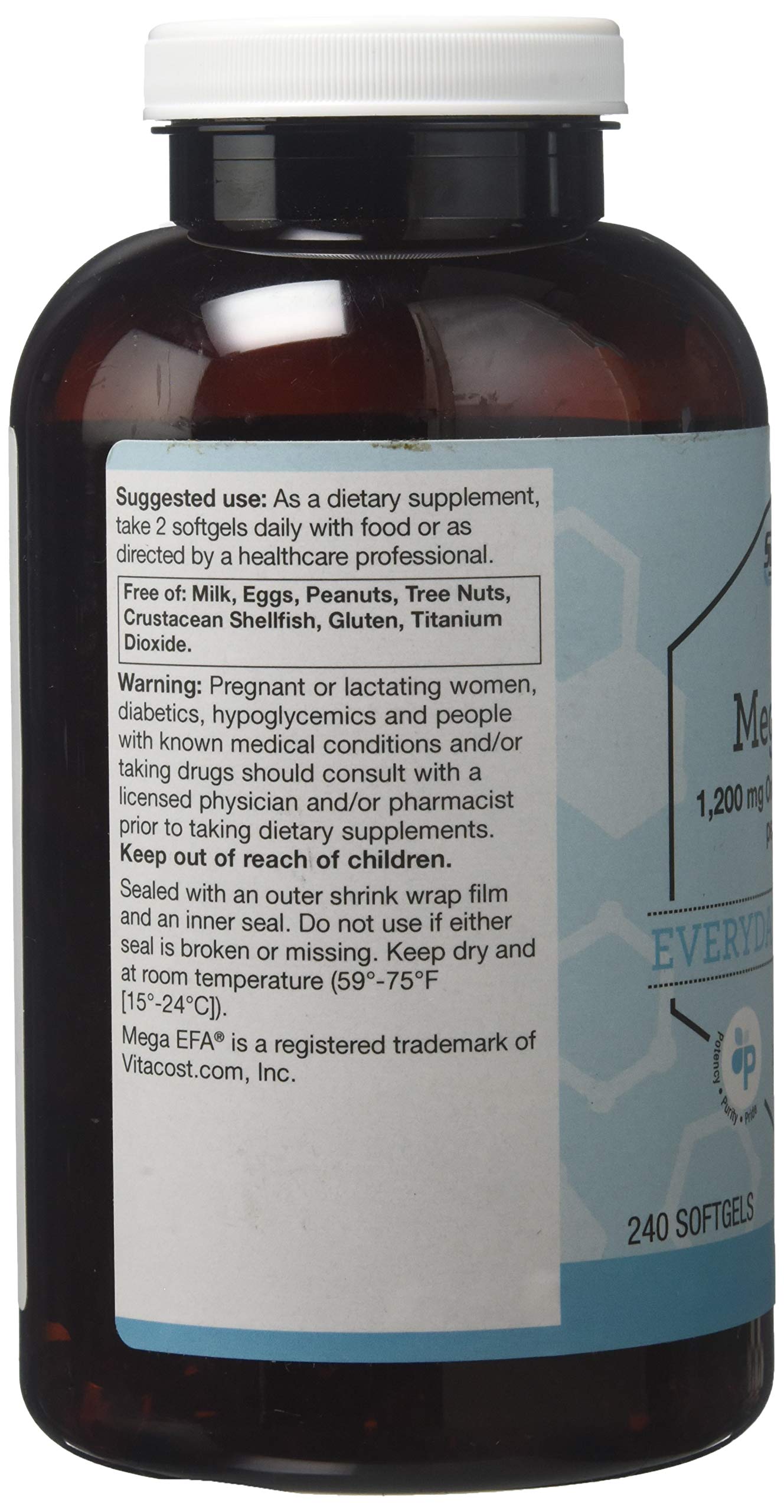 Vitacost Synergy Mega EFA Mini Gels etiqueta detallada que destaca pureza y concentración EPA/DHA.