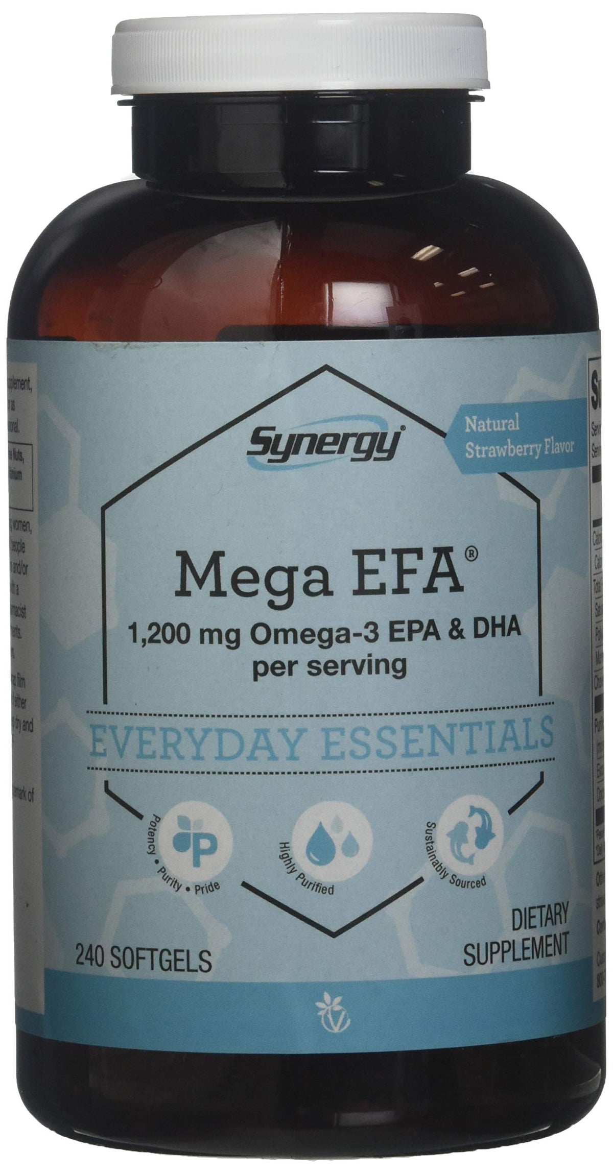 Vitacost Synergy Mega EFA Mini Gels frasco visto de frente, fácil de tragar.
