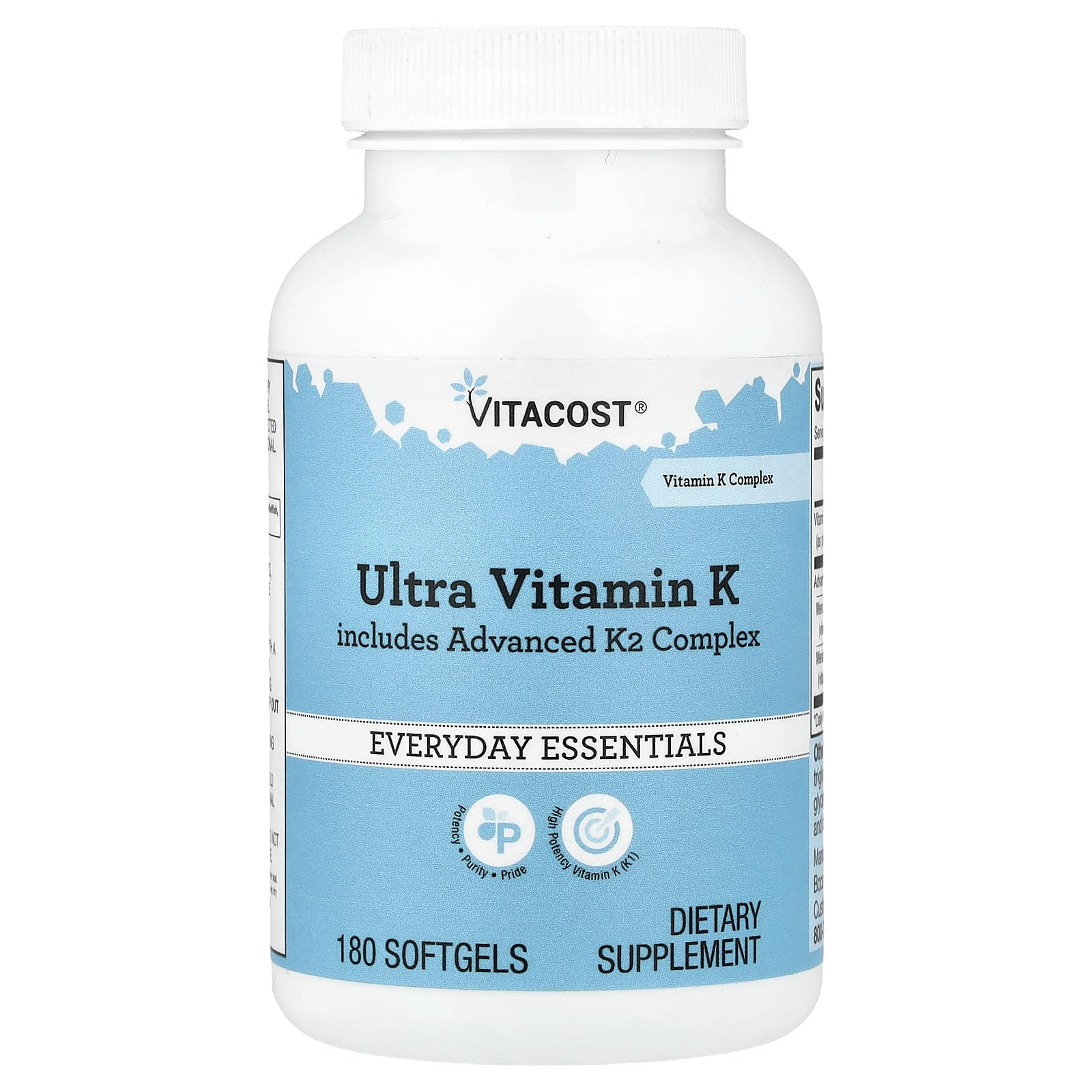 Vitacost Ultra Vitamina K, cápsulas blandas en botella, apoyo a la salud ósea.