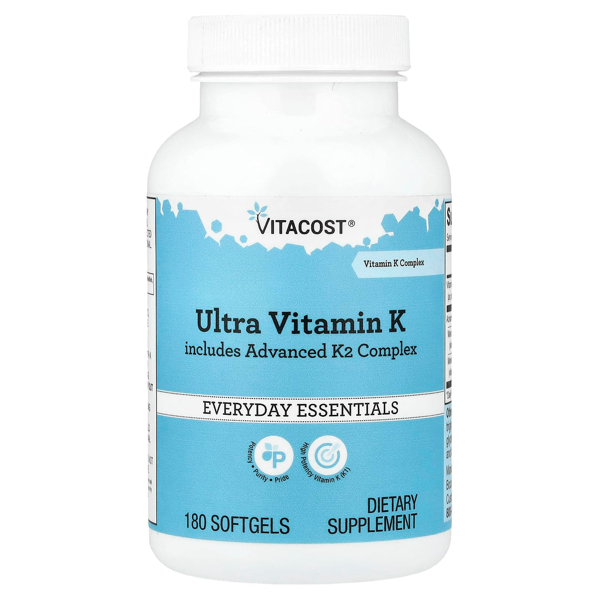 Vitacost Ultra Vitamina K, cápsulas blandas en botella, apoyo a la salud ósea.