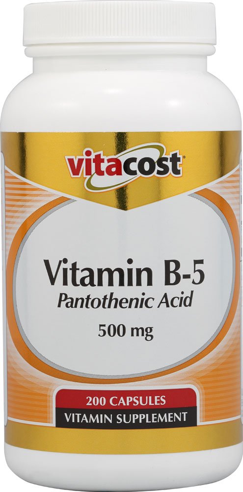 Vitacost Vitamina B5 Pantotenico 500 mg, cápsulas; apoyo al metabolismo energético y función suprarrenal.