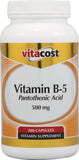 Vitacost Vitamina B5 Pantotenico 500 mg, cápsulas; apoyo al metabolismo energético y función suprarrenal.