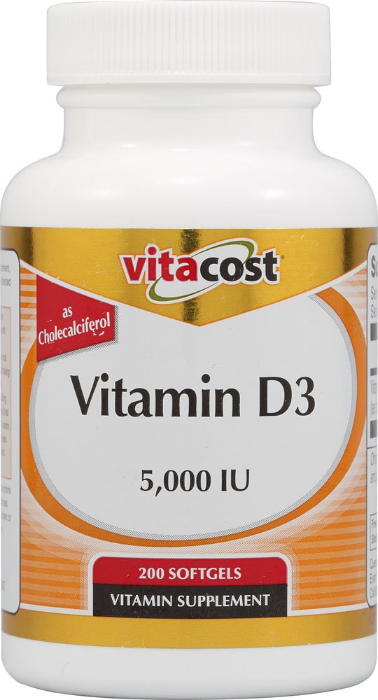 Vitacost Vitamina D3, bote de cápsulas, para apoyar la salud ósea y la absorción de calcio.