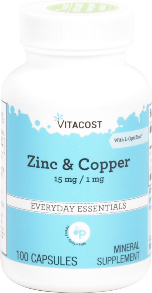 Vitacost zinc y cobre, botella de cápsulas, apoyo diario de minerales