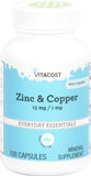 Vitacost zinc y cobre, botella de cápsulas, apoyo diario de minerales