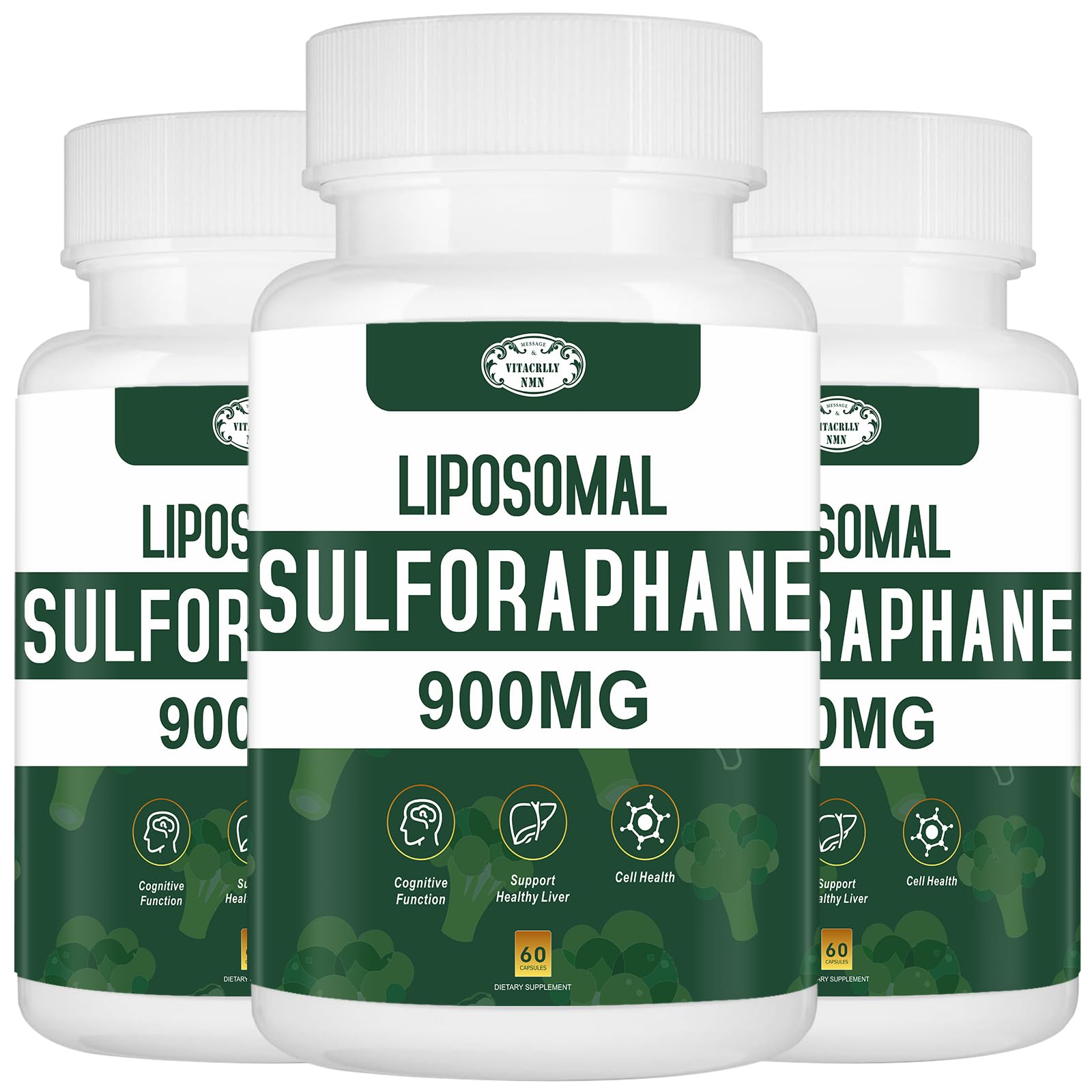 VITACRLLYNMN botella de sulforafano liposómico; posible apoyo antioxidante diario.