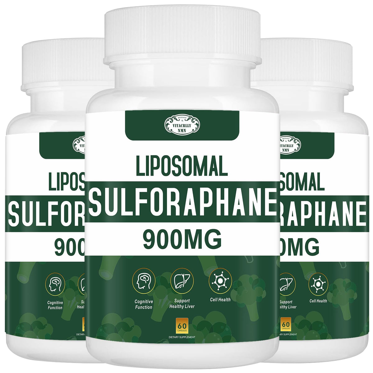 VITACRLLYNMN botella de sulforafano liposómico; posible apoyo antioxidante diario.
