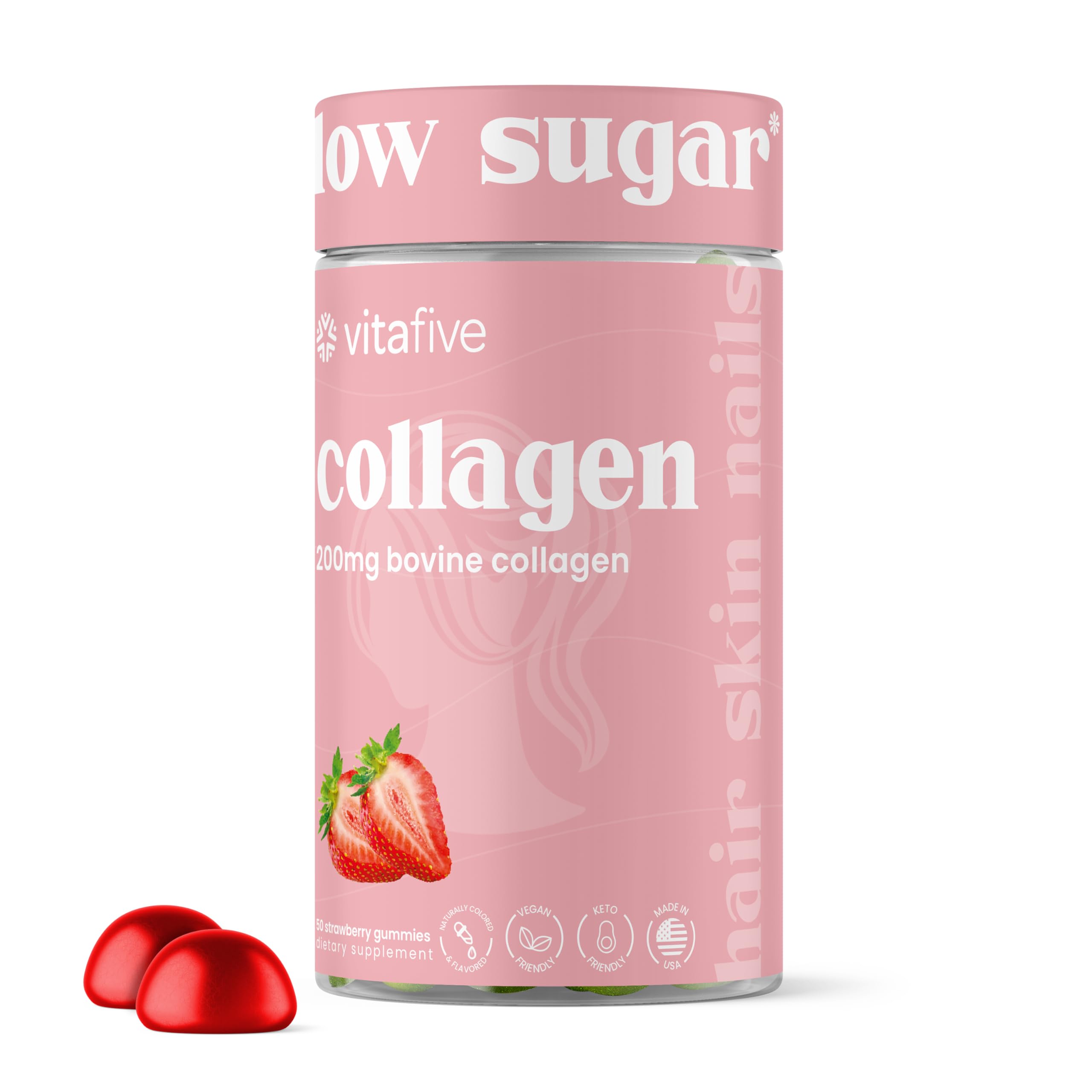 Vitafive colágeno gominolas en frasco, apoyo a la piel.