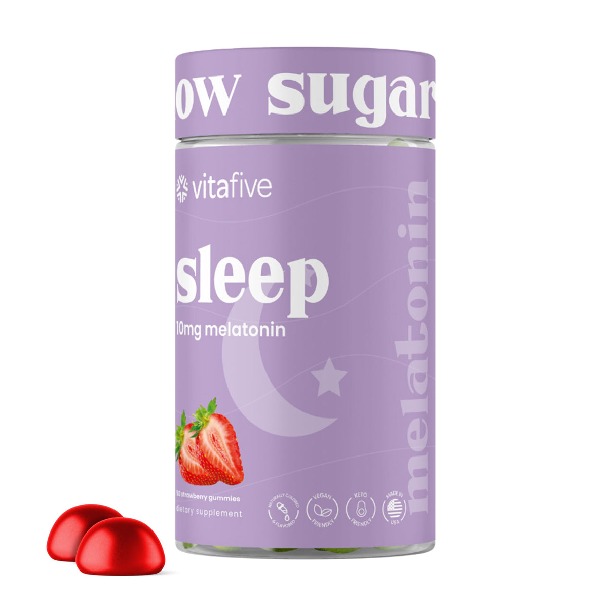Vitafive Melatonina 10 mg gominolas, botella visible, apoyo al sueño nocturno.