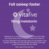 Vitafive Melatonina 10 mg, gominolas sabor fruta para dormir de forma agradable.