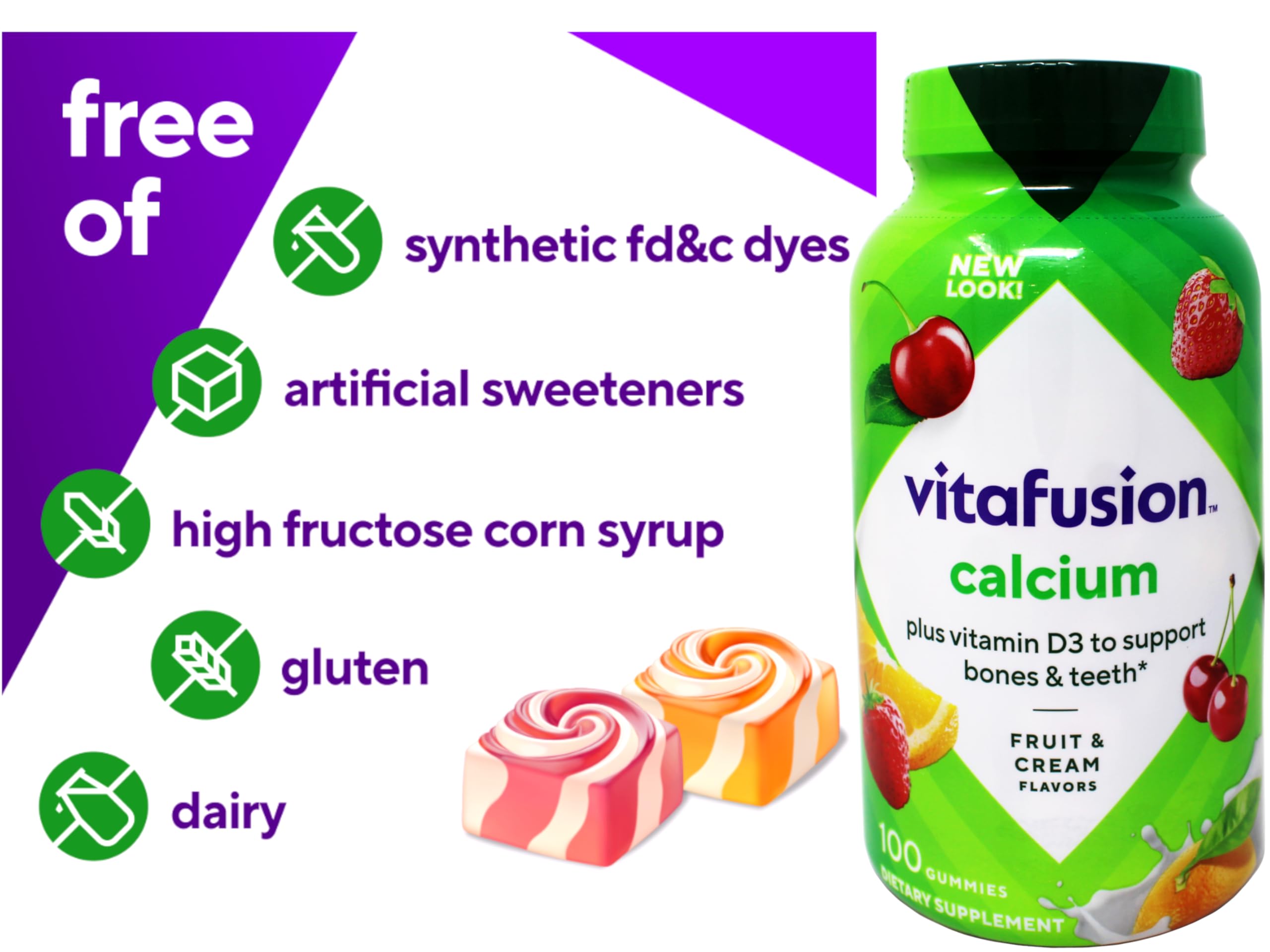 Vitafusion Calcio 500 mg gomitas, etiqueta visible, calcio y vitamina D3 para apoyar la ingesta diaria.