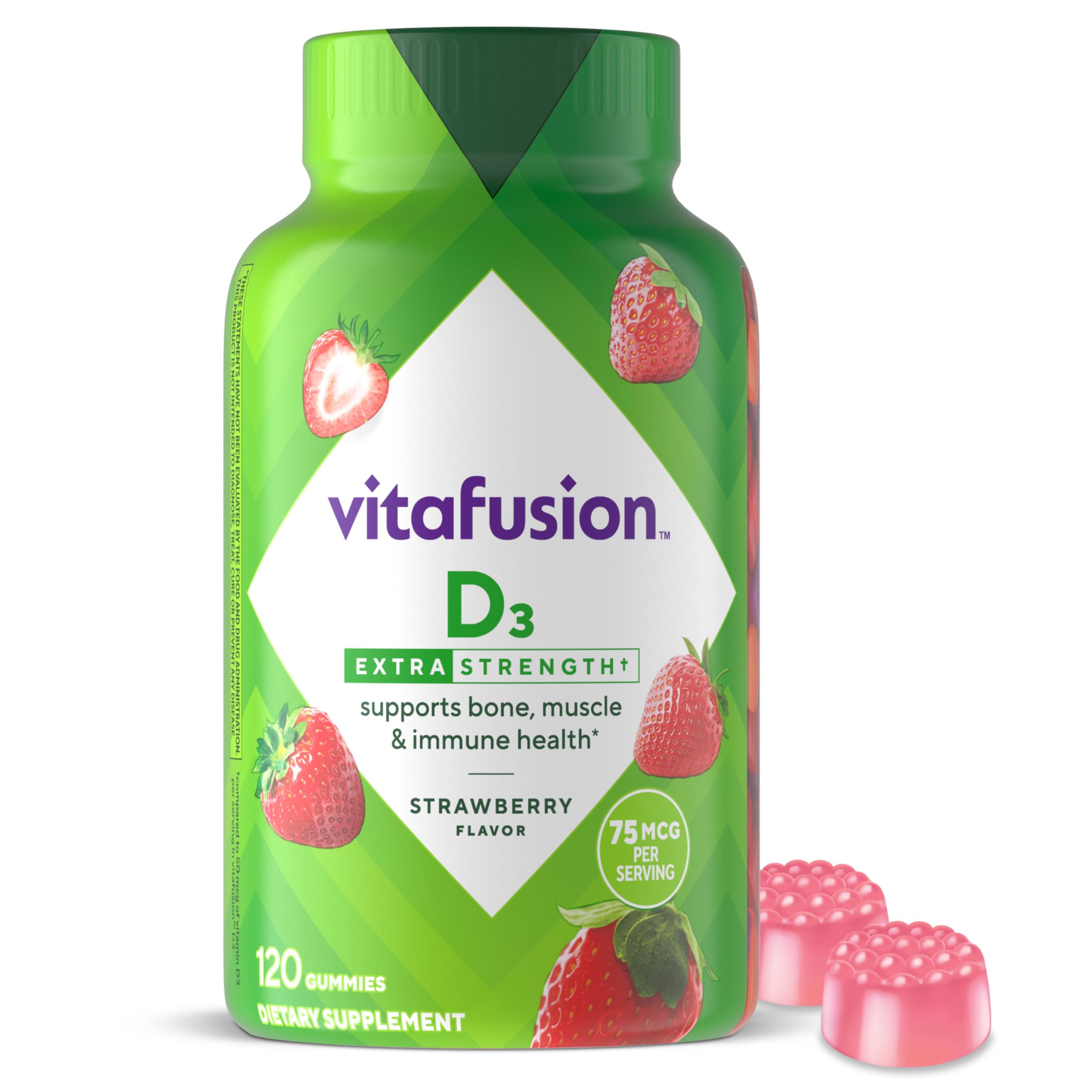 Vitafusion Extra Strength D3 gomitas de fresa en frasco, apoyo diario de huesos.