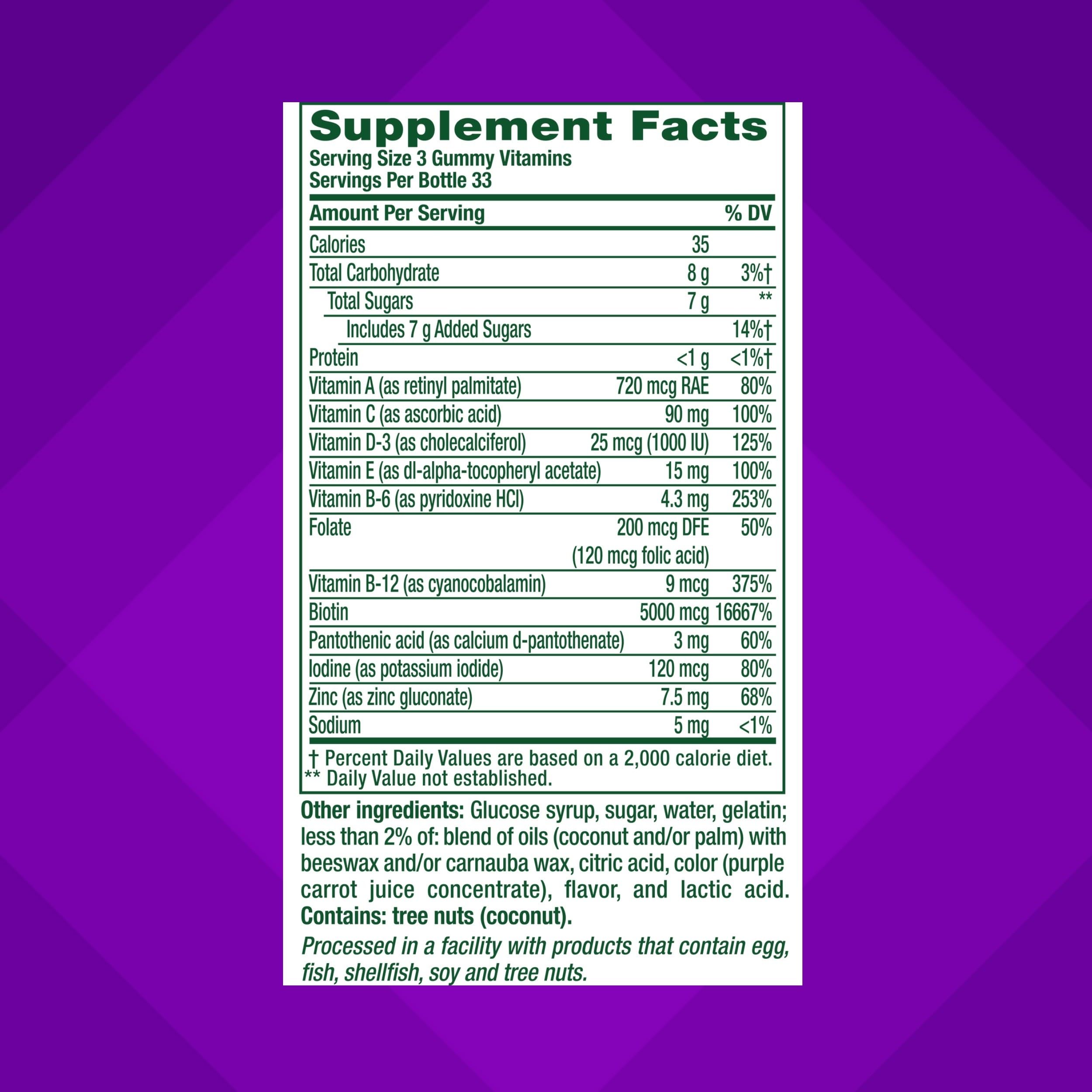 Vitafusion Gorgeous Hair Skin Nails ingredients panel highlighting biotin and antioxidants