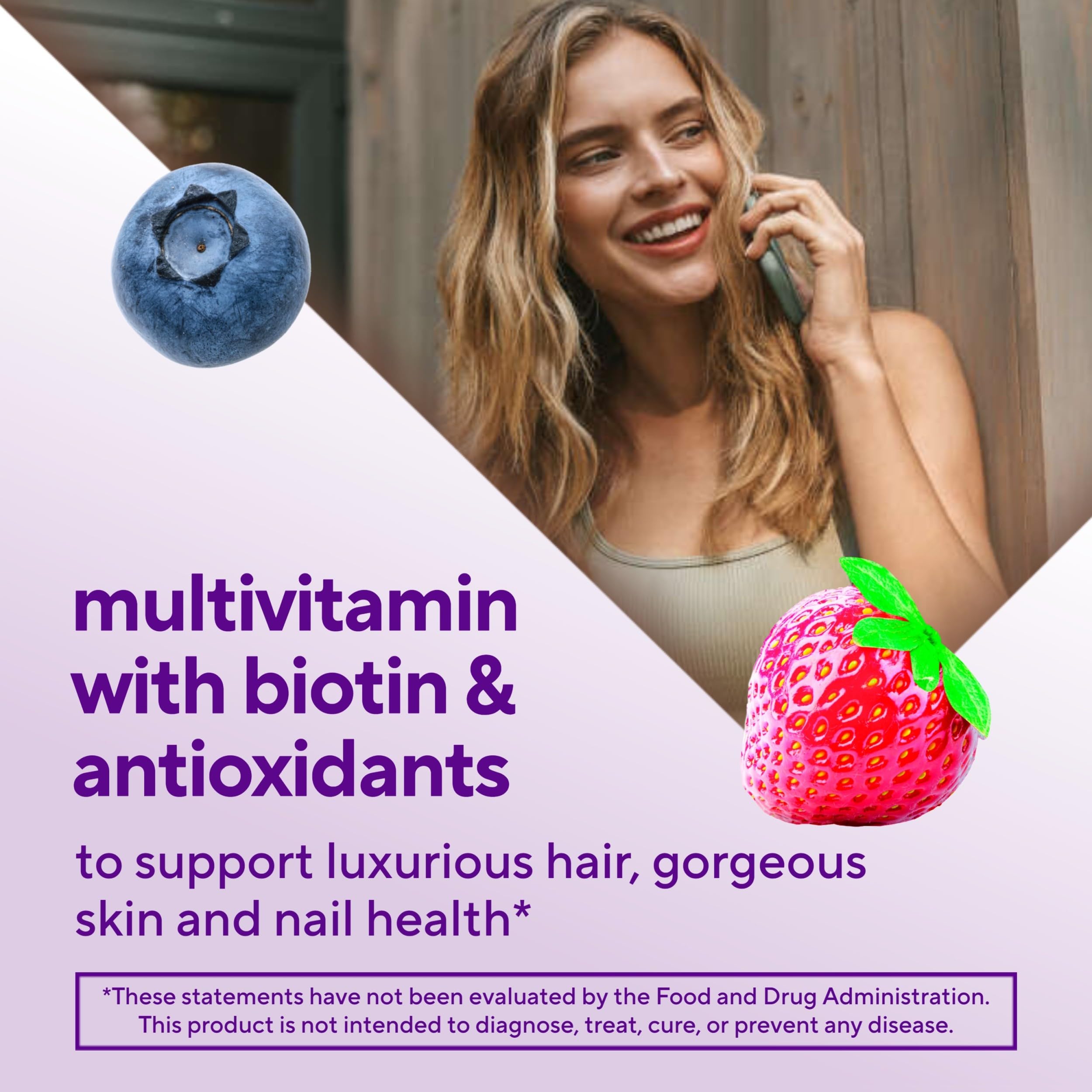 Vitafusion Gorgeous Hair Skin Nails raspberry flavor gummies on counter