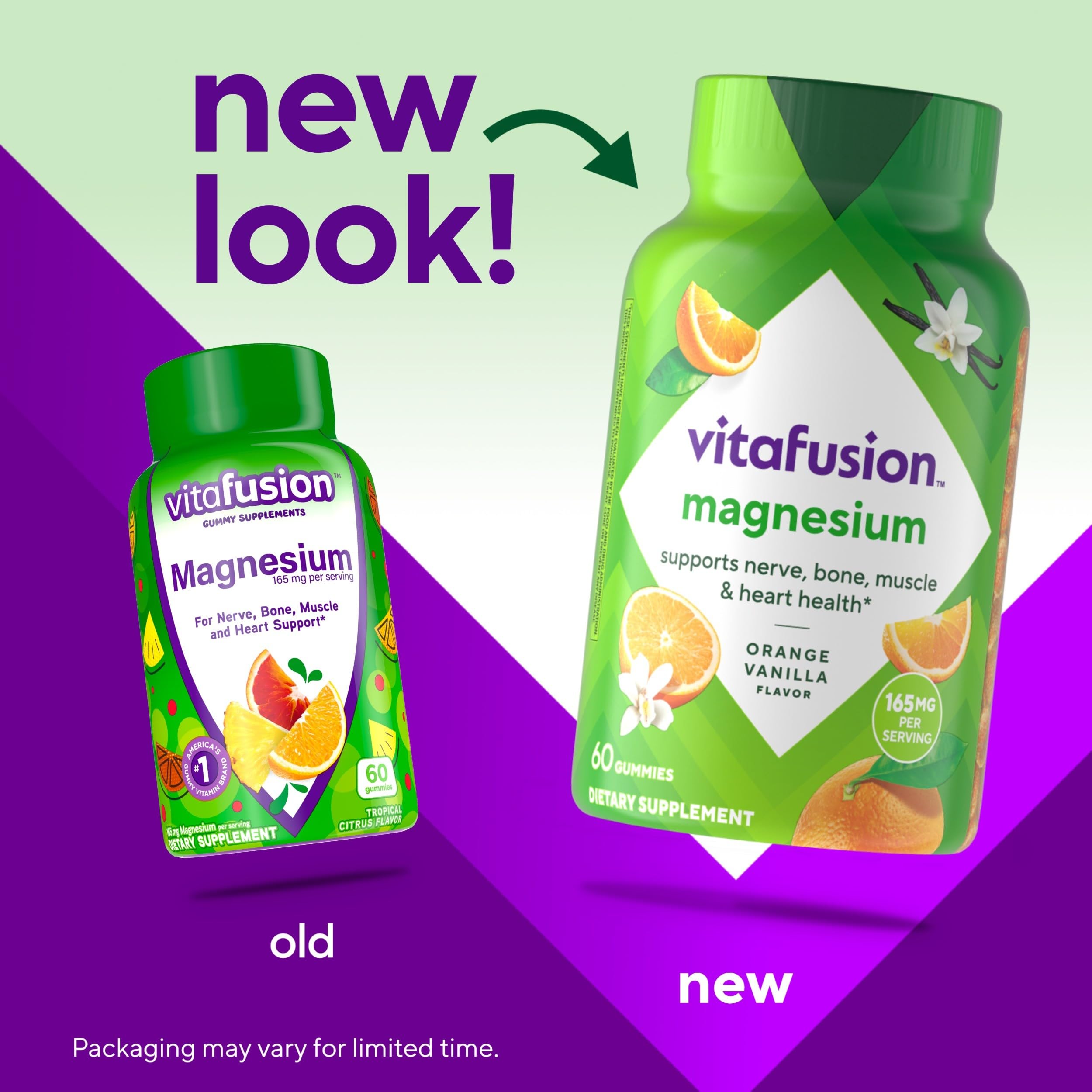 Vitafusion Magnesium gomitas, etiqueta legible en botella, información clara de porciones