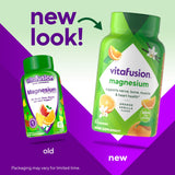 Vitafusion Magnesium gomitas, etiqueta legible en botella, información clara de porciones