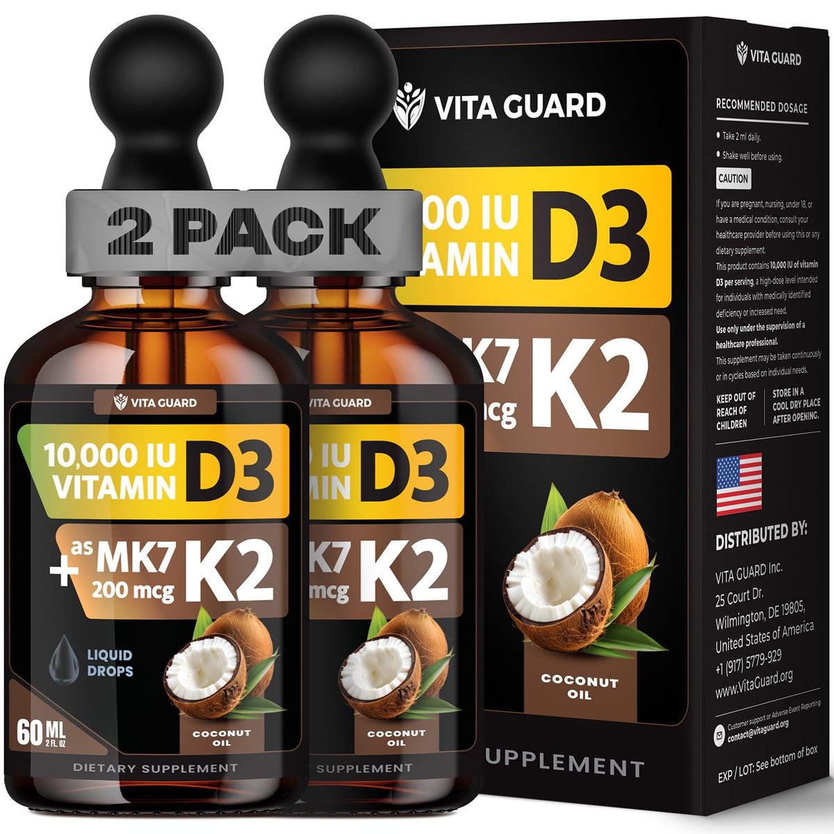 Vita Guard D3 K2 en botella con gotero para absorción rápida