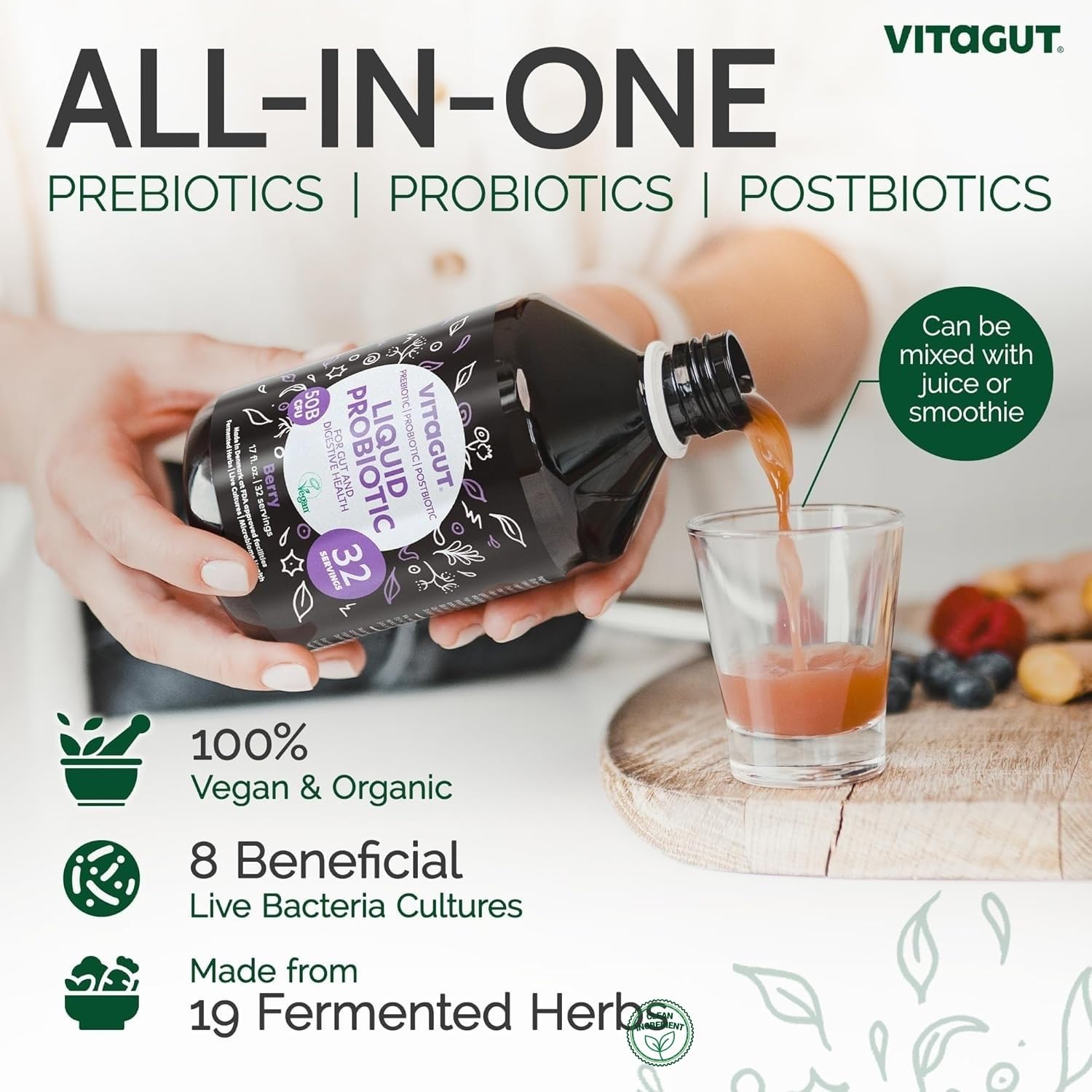 Vitagut ingredientes orgánicos con 19 hierbas para bienestar diario.