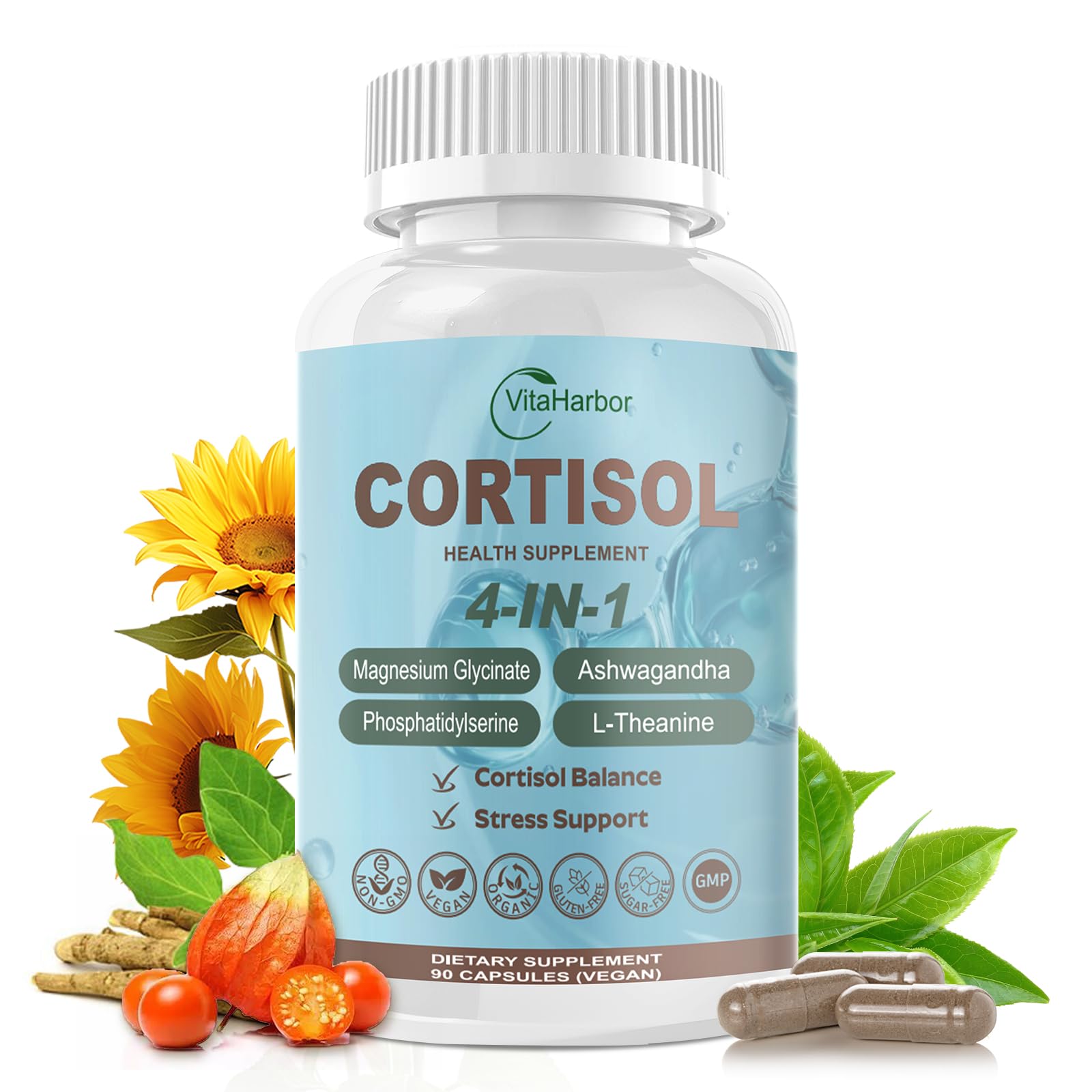 VitaHarbor cápsulas de cortisol en botella para uso diario.