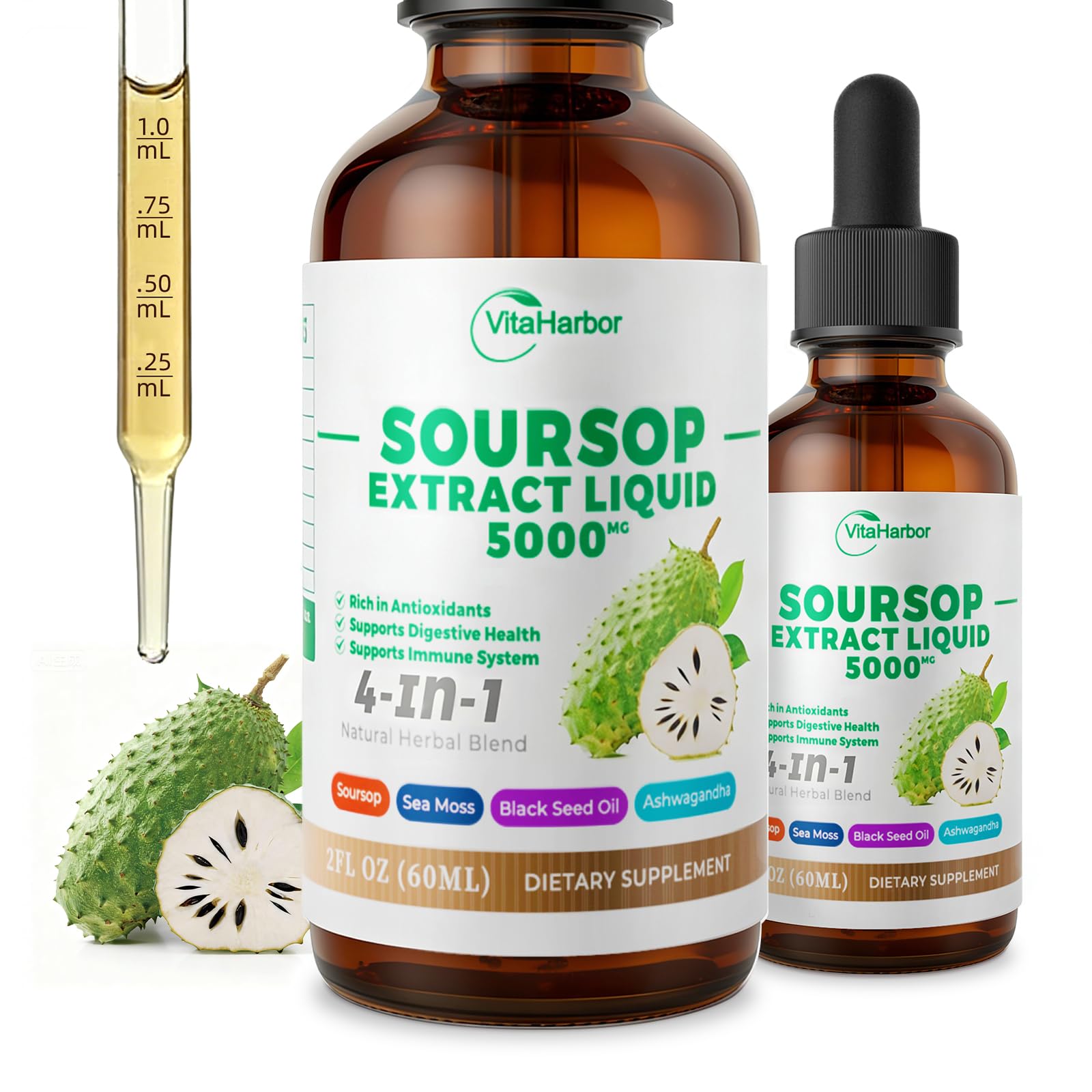 VitHarbor Guanábana Drops, botella frontal, apoyo general para la salud.