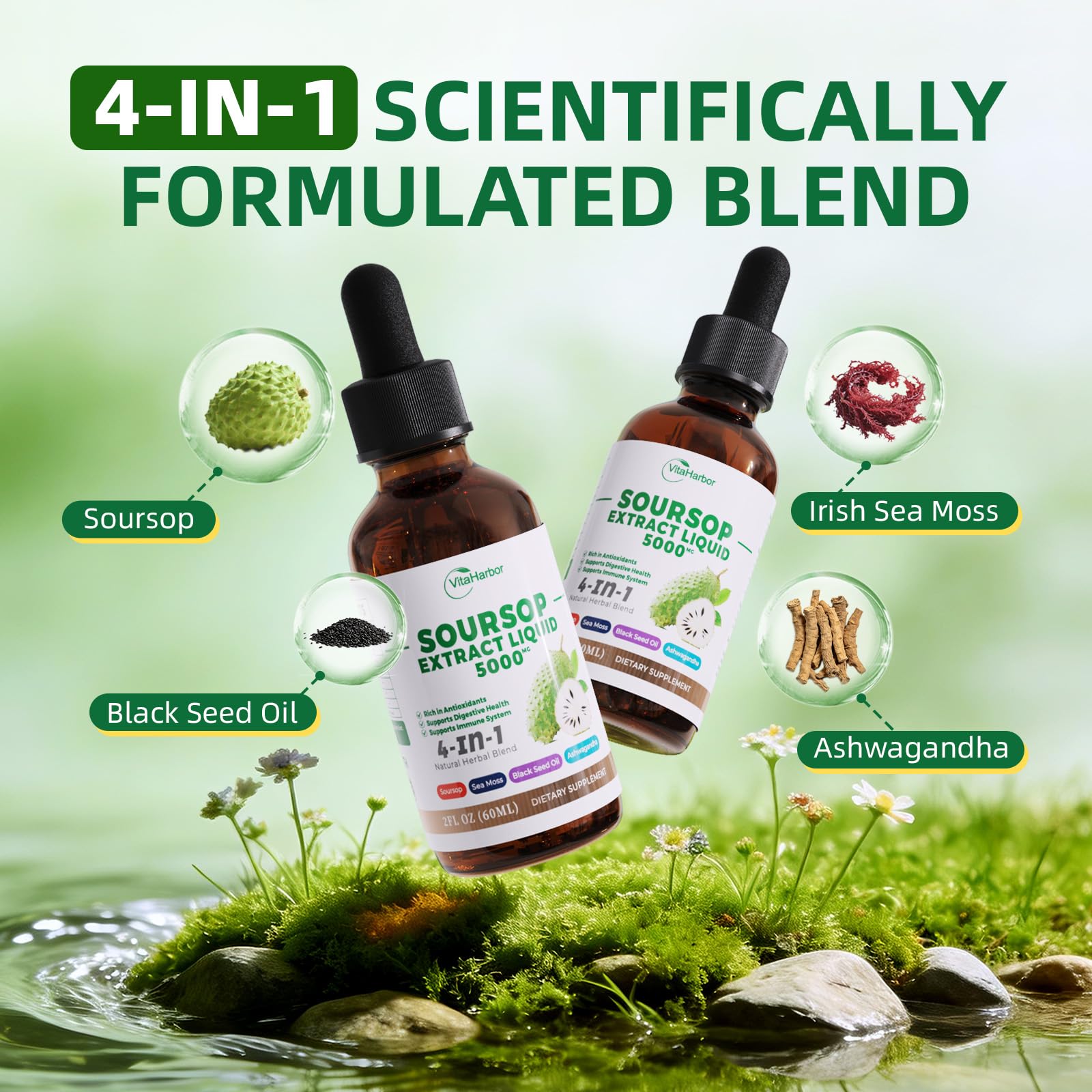 VitHarbor Guanábana Drops, etiqueta detalle, ingredientes naturales a tu alcance.