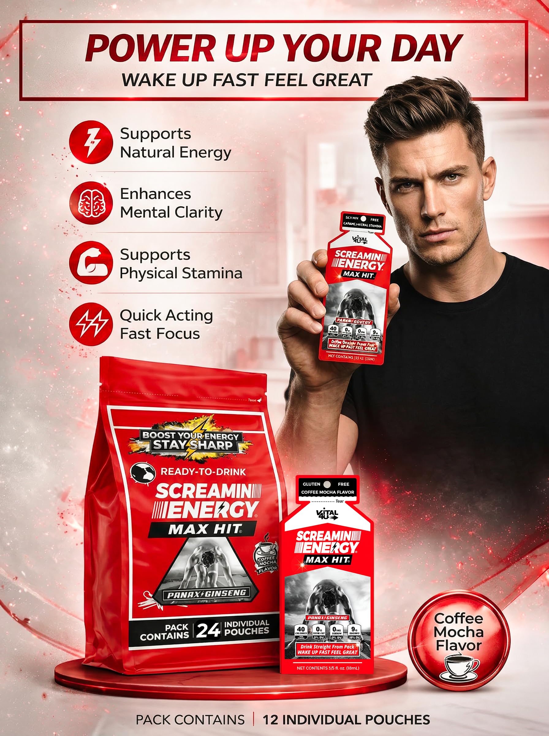 VITAL 4U Screamin Energy Max Hit, dosis de una onza, cómodo para uso diario