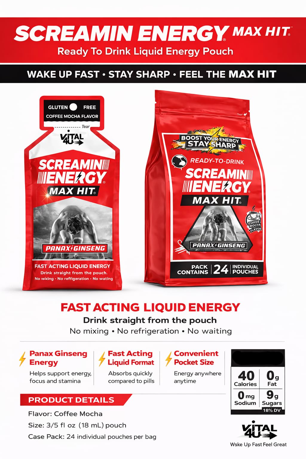 VITAL 4U Screamin Energy Max Hit, etiqueta destacada, sabor café mocha persistente