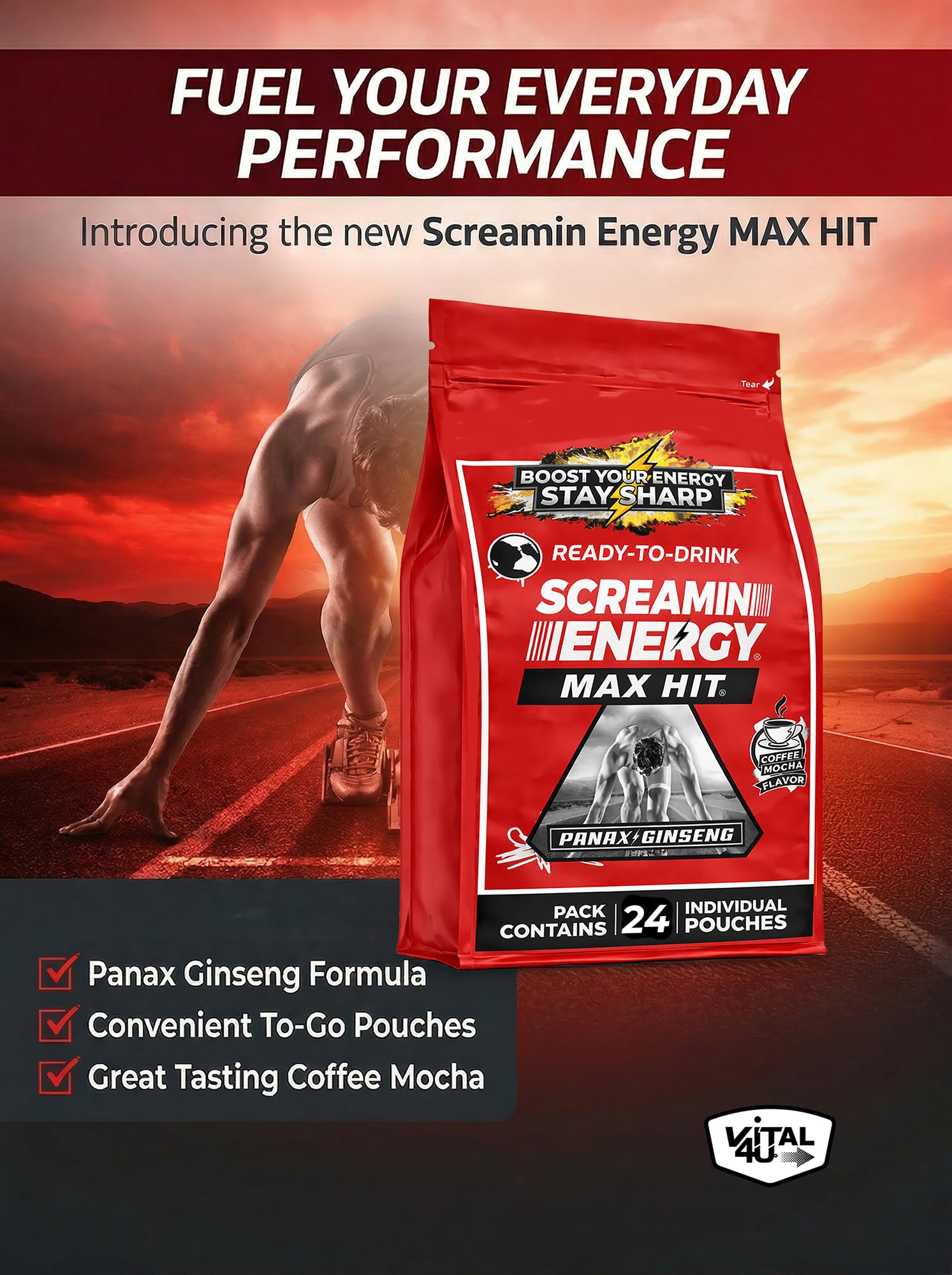 VITAL 4U Screamin Energy Max Hit, ideal para corredores, energía rápida durante entrenos