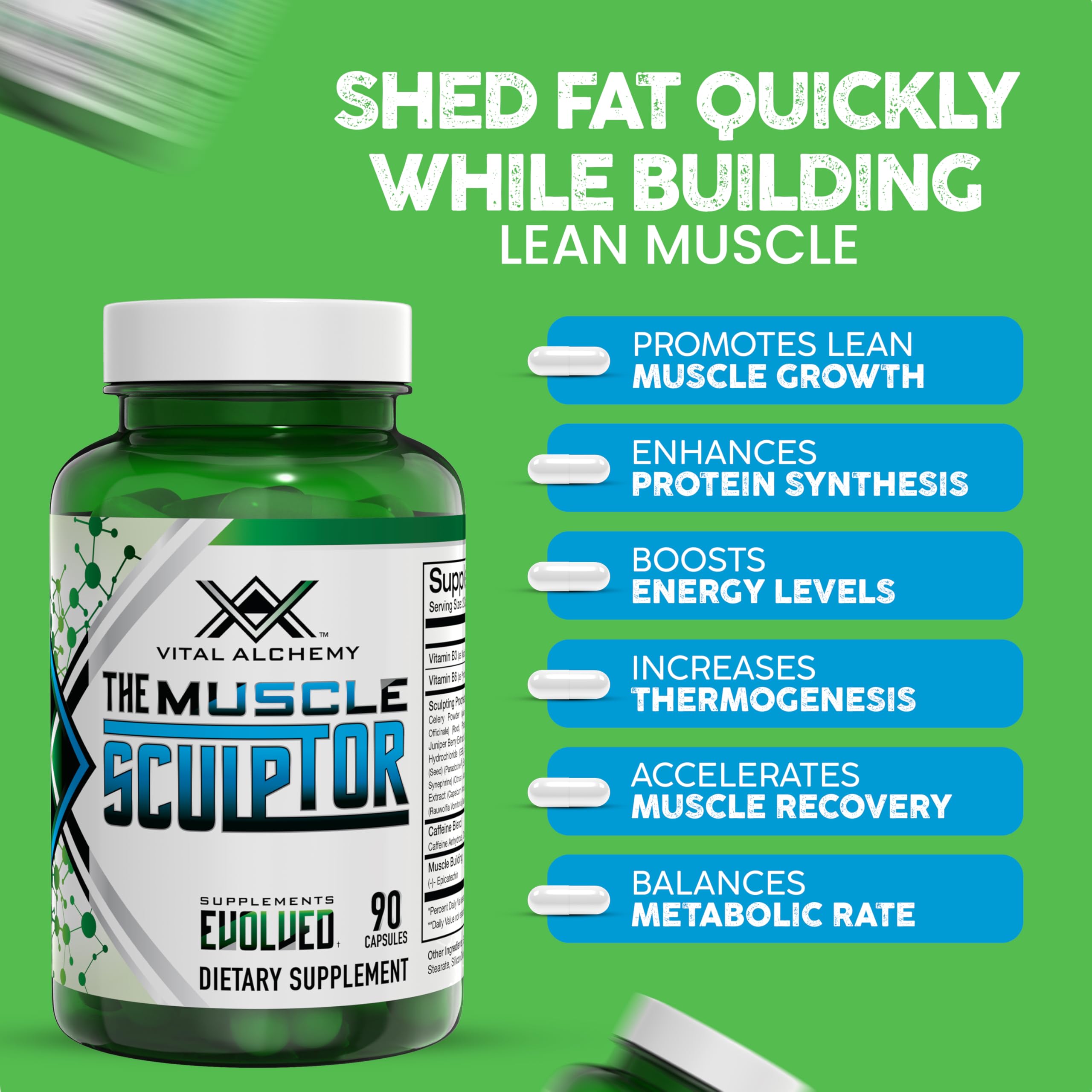 Vital Alchemy Muscle Sculptor, cápsulas en mano para entreno diario