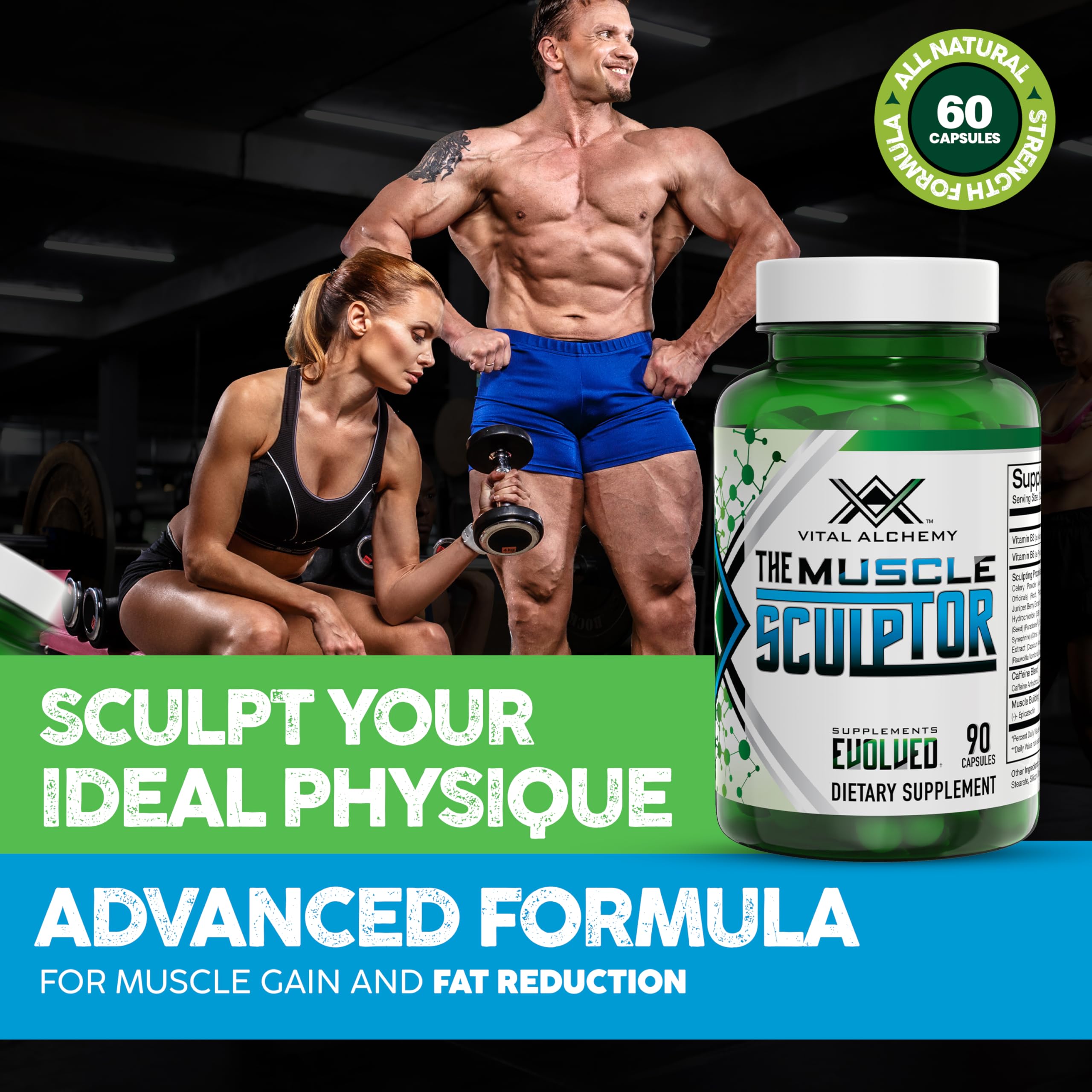 Vital Alchemy Muscle Sculptor, etiqueta frontal con ingredientes clave visibles