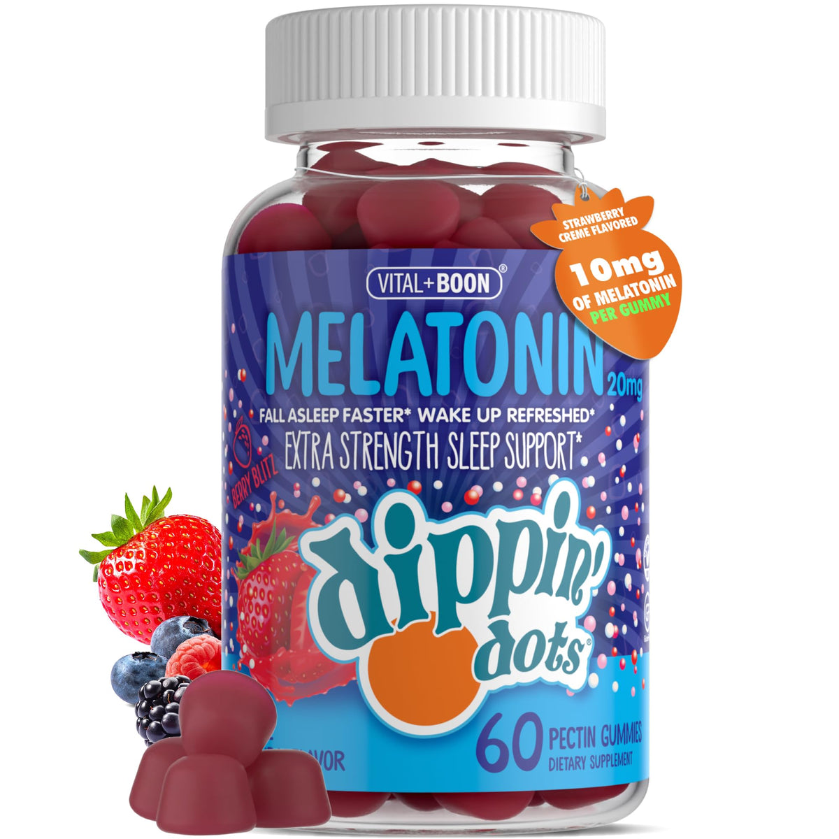 Vital+Boon Dippin' Dots gomitas melatonina 20 mg, empaque práctico para dormir mejor