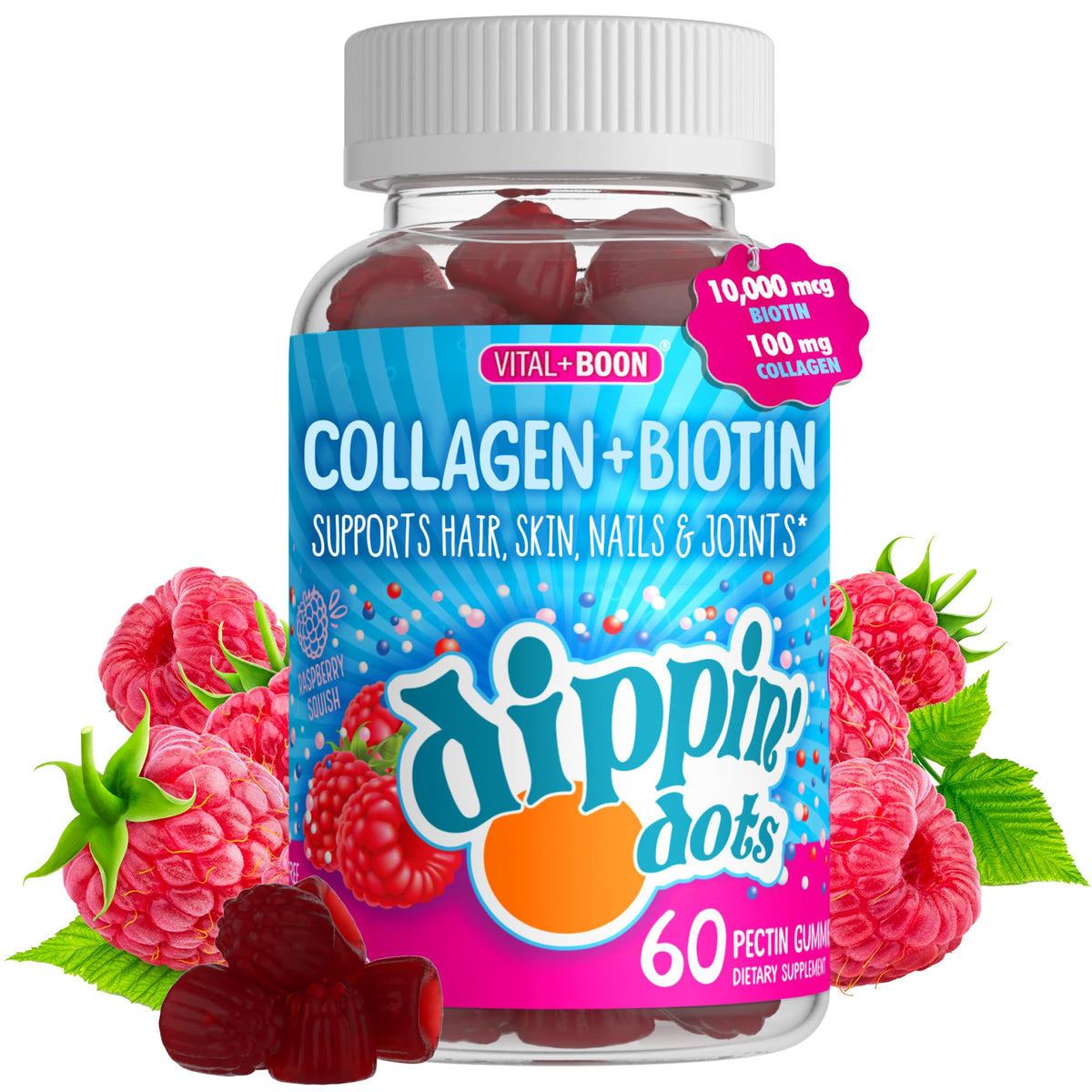 Vital+Boon Dippin' Dots sabor frambuesa, gominola sabrosa para cabello y piel.