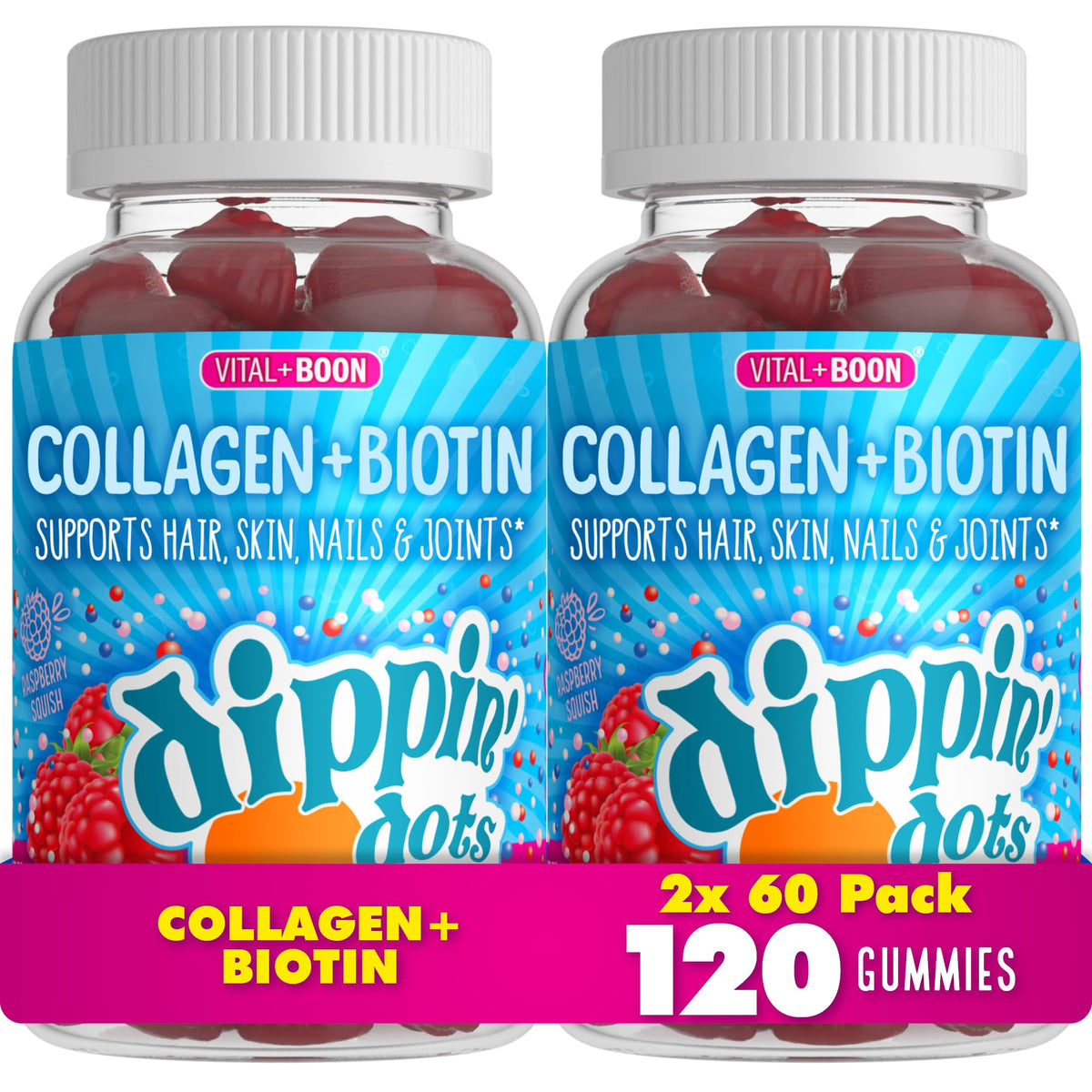 Vital+Boon Dippin' Dots frasco con sabor frambuesa para cabello, piel y uñas.