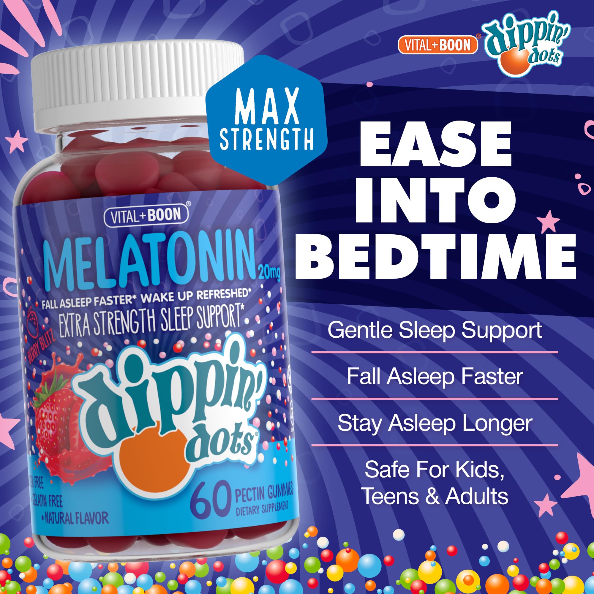 Vital+Boon Dippin' Dots gomitas melatonina 20 mg, close-up de textura suave para dormir