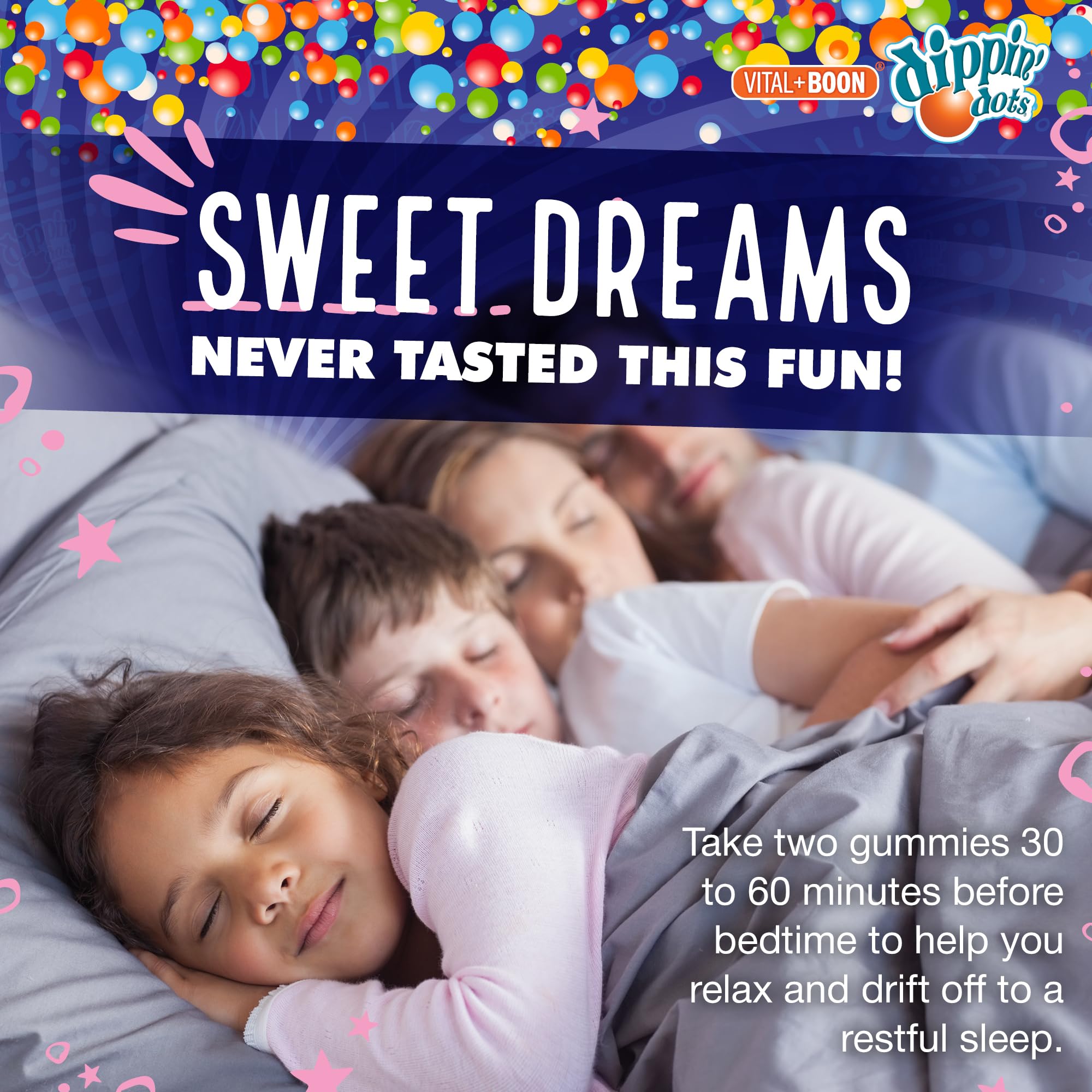 Vital+Boon Dippin' Dots gomitas melatonina 20 mg, textura suave para consumo nocturno