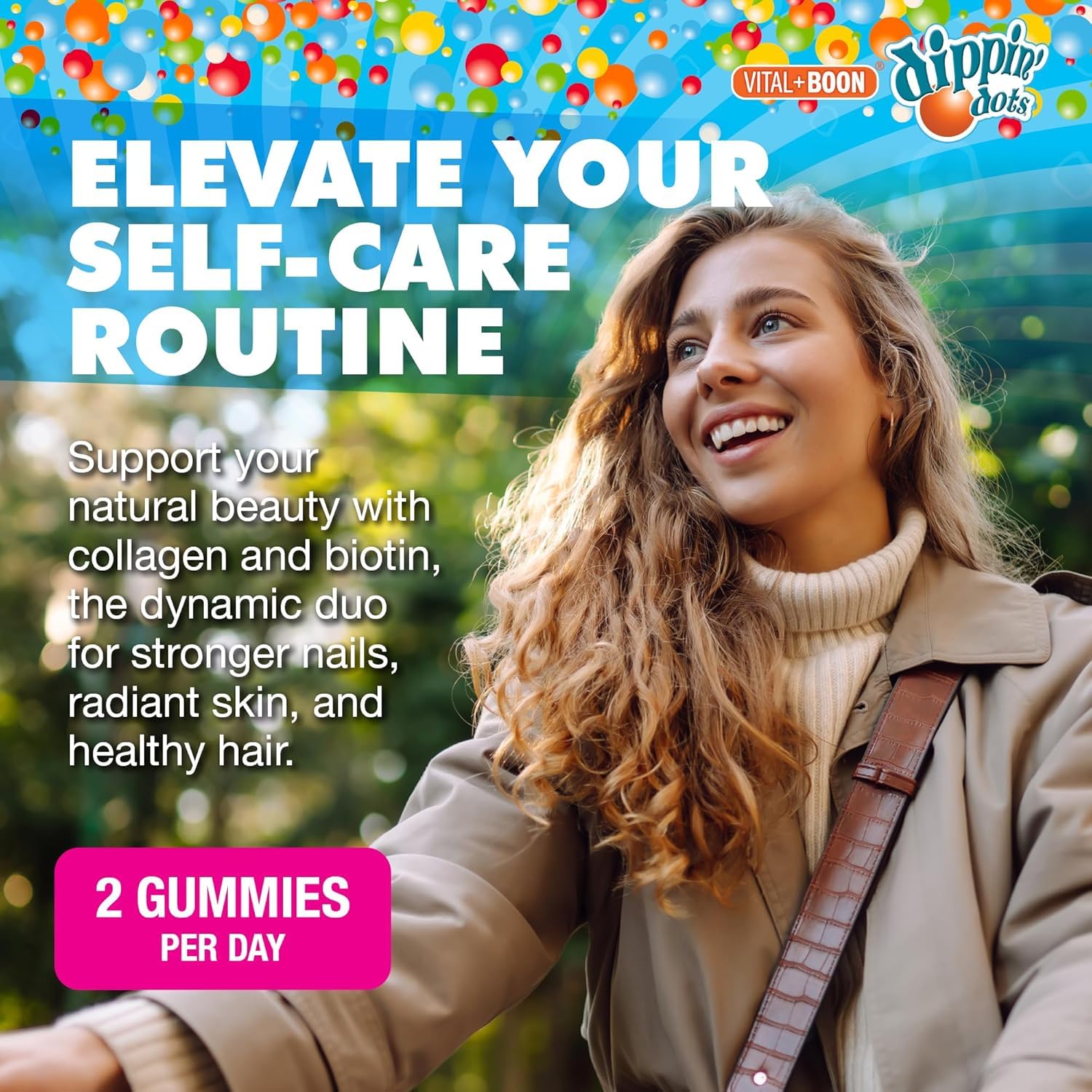 Vital+Boon Dippin' Dots con colágeno y biotina para cuidado diario.