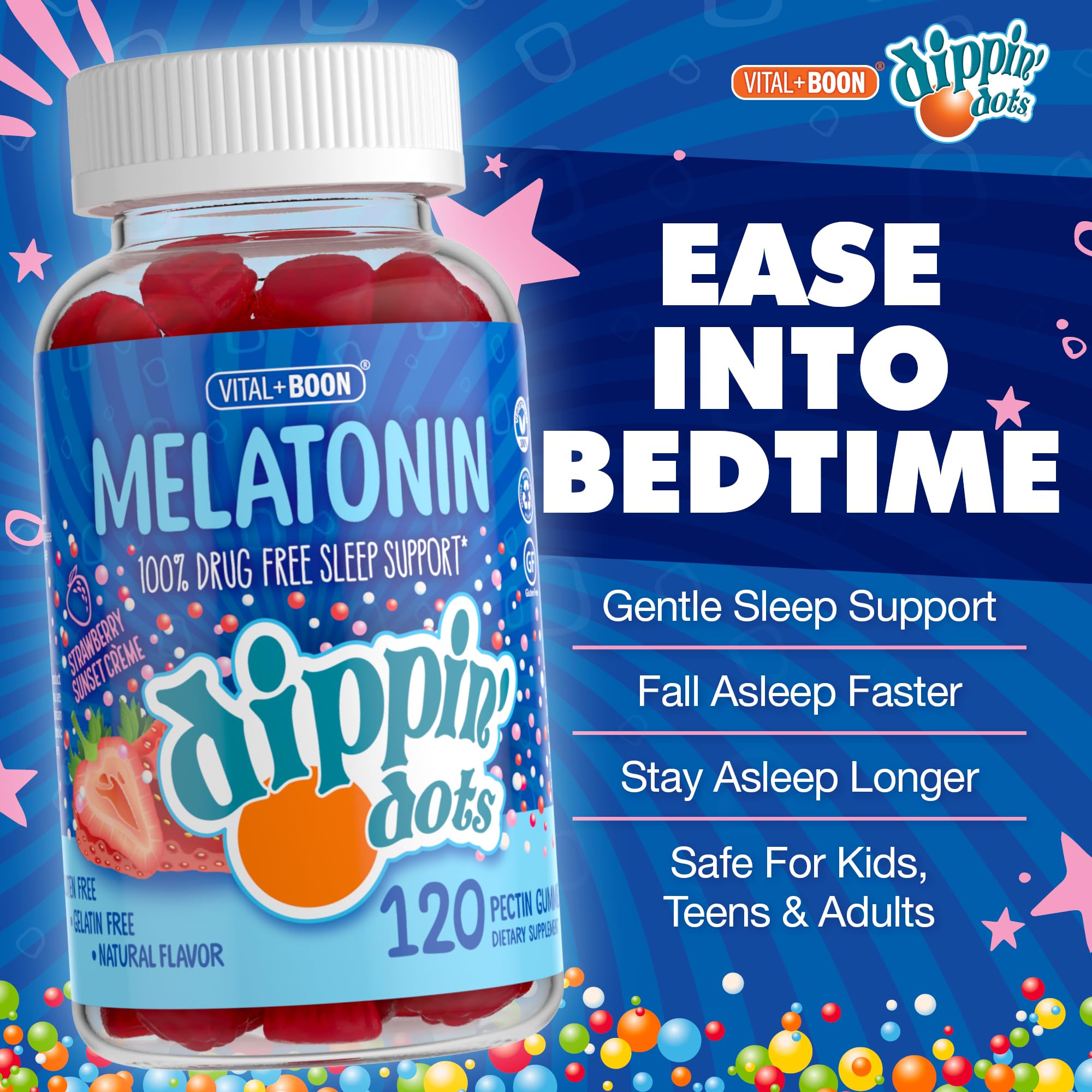 Gomitas sabor fresa crema Dippin Dots para niños y adultos, rutina nocturna.