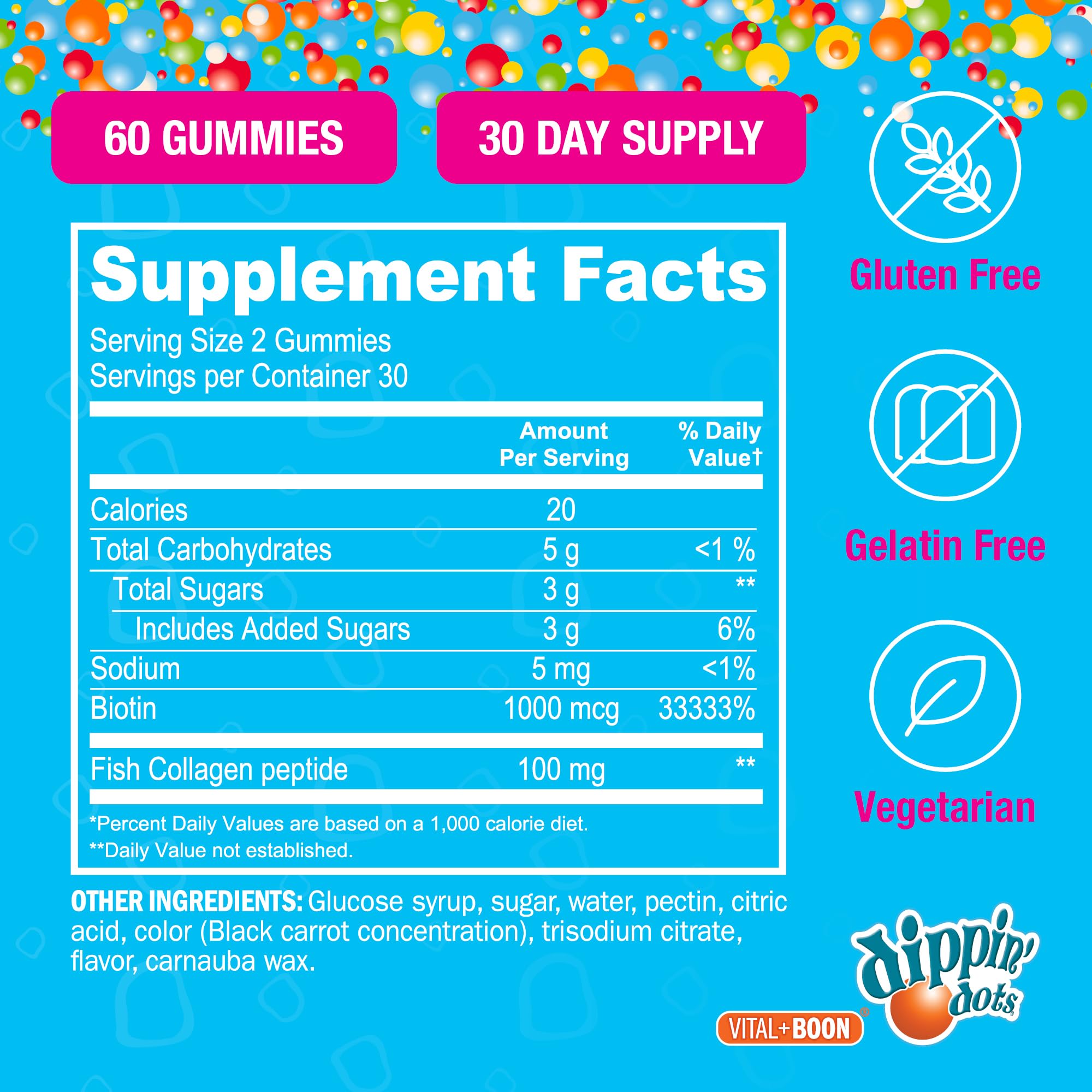 Vital+Boon Dippin' Dots sabor frambuesa, snack delicioso para el día.