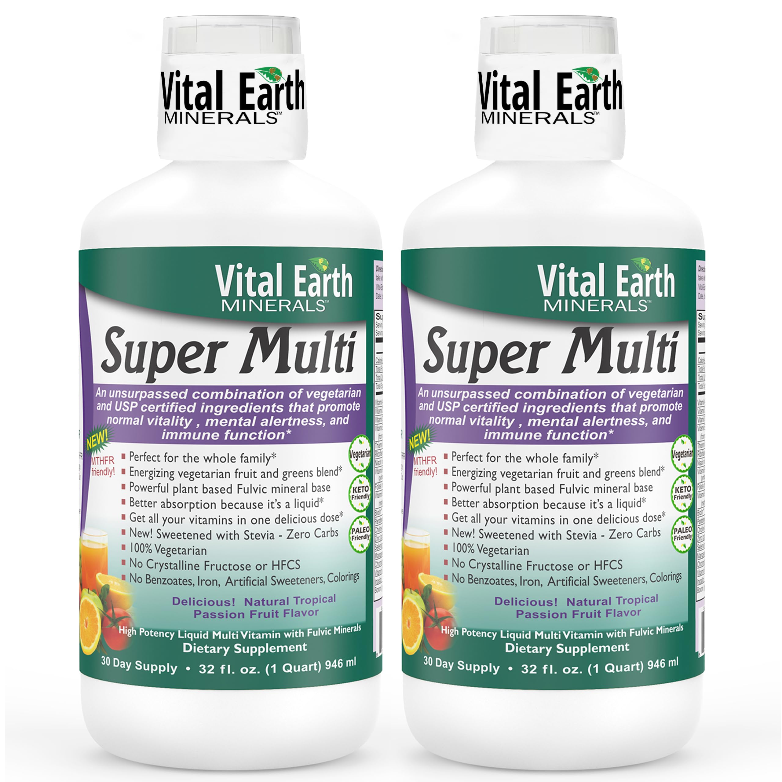 Vital Earth Minerals botella líquida multivitamínico para uso diario con absorción mejorada.