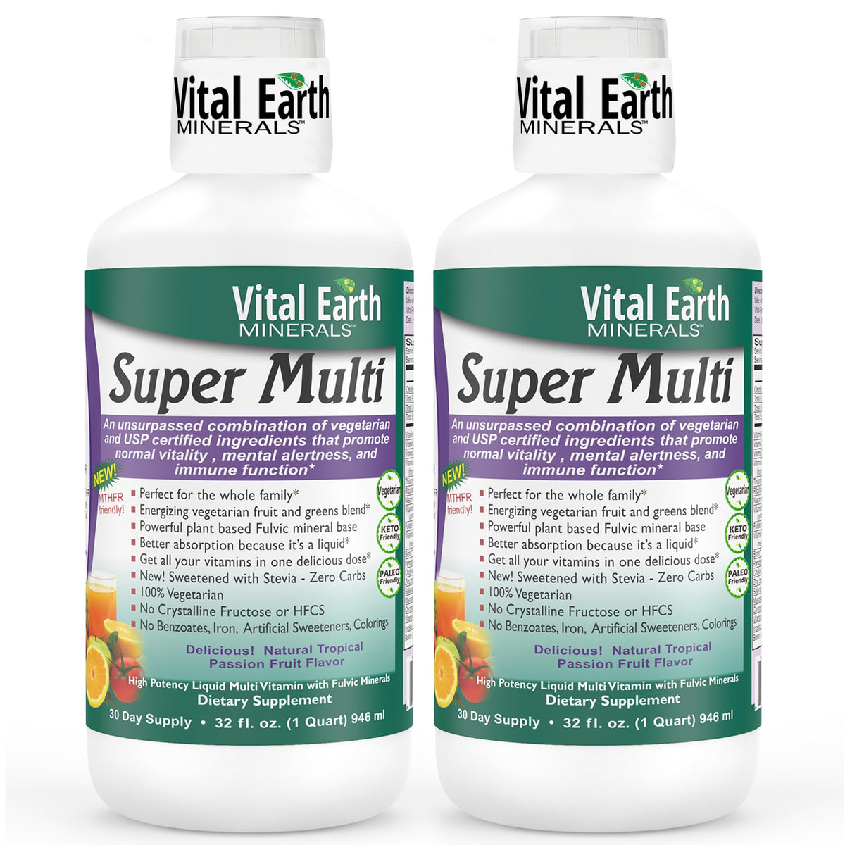 Vital Earth Minerals botella líquida multivitamínico para uso diario con absorción mejorada.