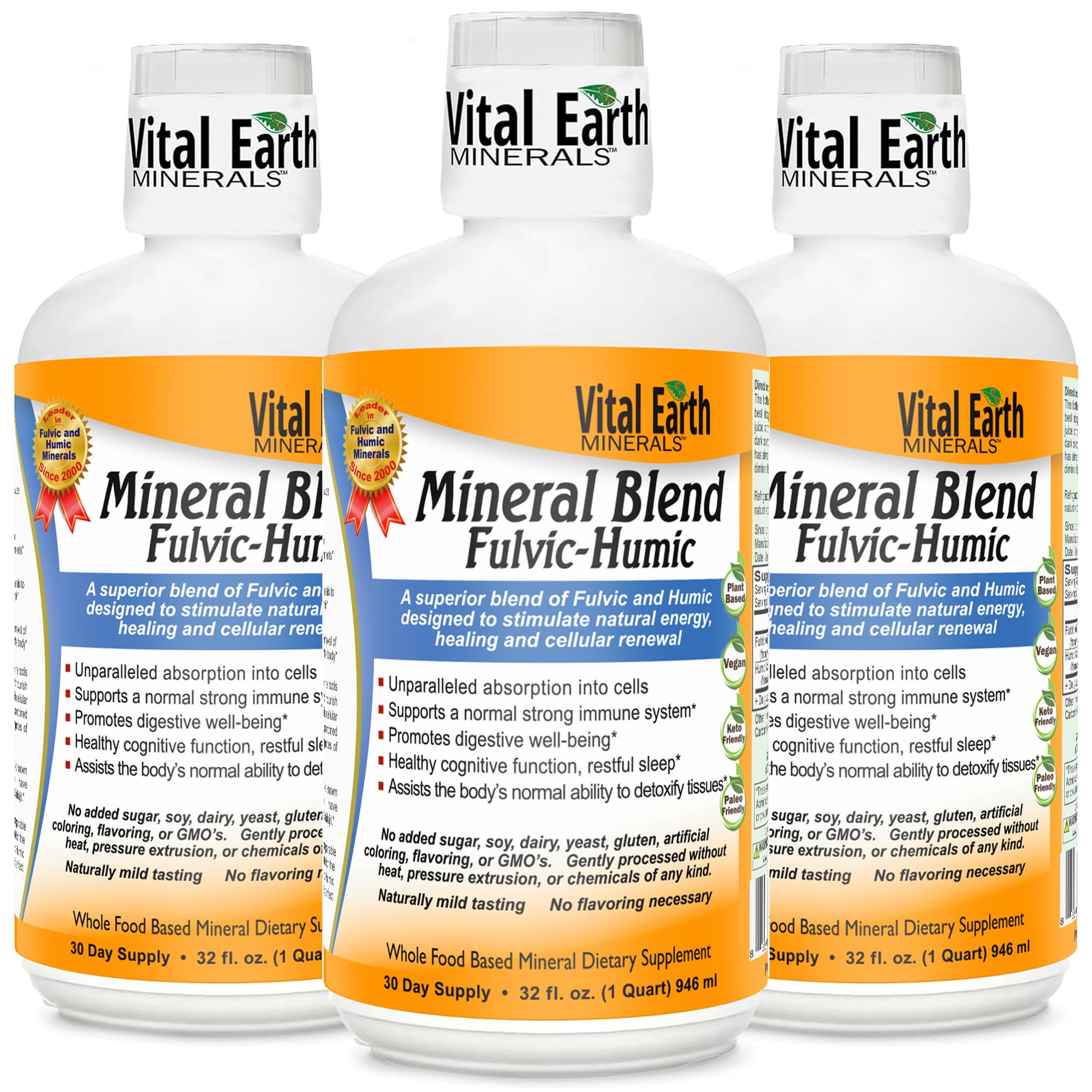 Vital Earth Minerals, botella volcando líquido para energía diaria.