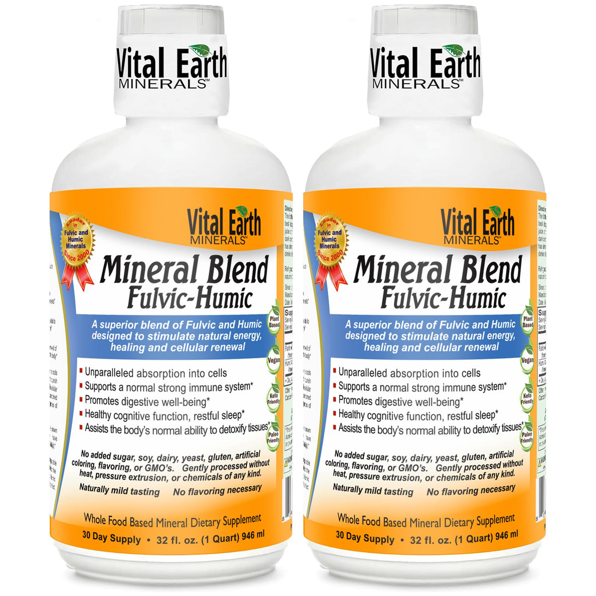 Vital Earth Minerals, botella vertiendo, energía sostenible para el día.