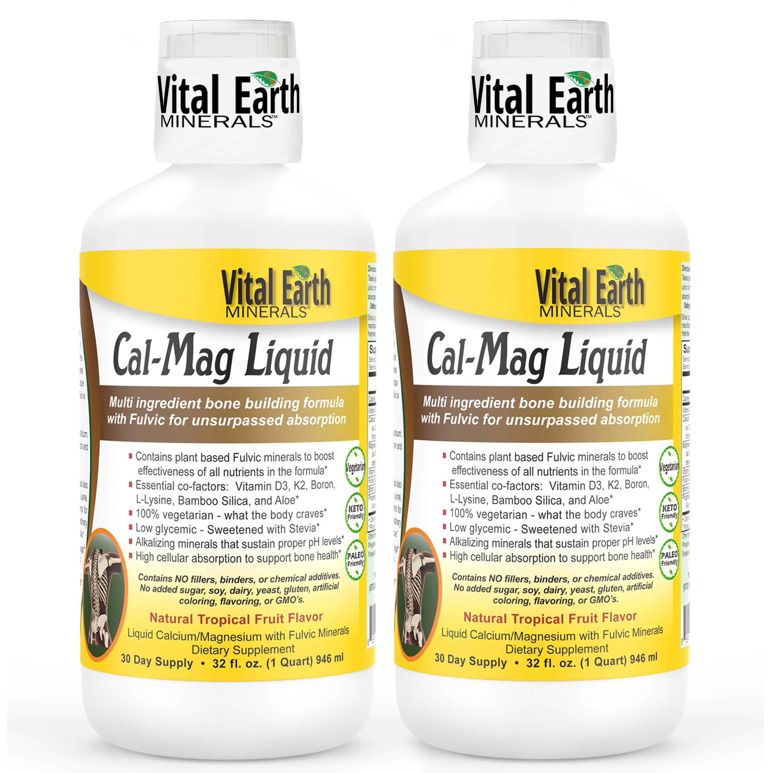 Vital Earth Minerals Cal-Mag Liquid botella frontal para absorción potencial rápida.